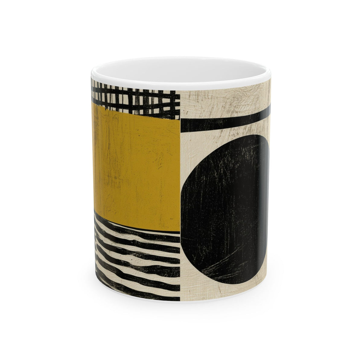 Front view of an 11 oz  Afrocentric geometric coffee mug featuring bold black, mustard gold, cream and red abstract shapes, arches, stripes and checkerboard patterns, displayed against a white background.
