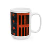 Left handle view of 15 oz Afrocentric abstract coffee mug featuring bold geometric shapes and textured patterns in red, gold, black, and cream, displayed against a white background.