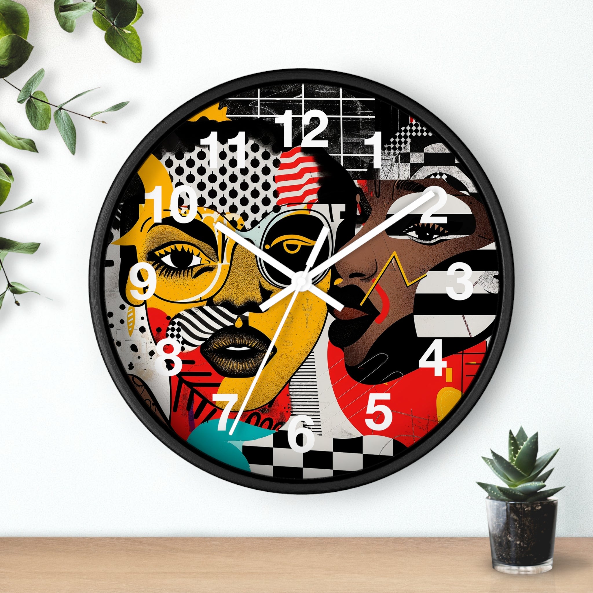 Black Women Pop Art Round Wall Clock featuring an abstract Soul Sister design in bold, colorful pop art style. Afrocentric wall decor with vibrant modern art aesthetic.