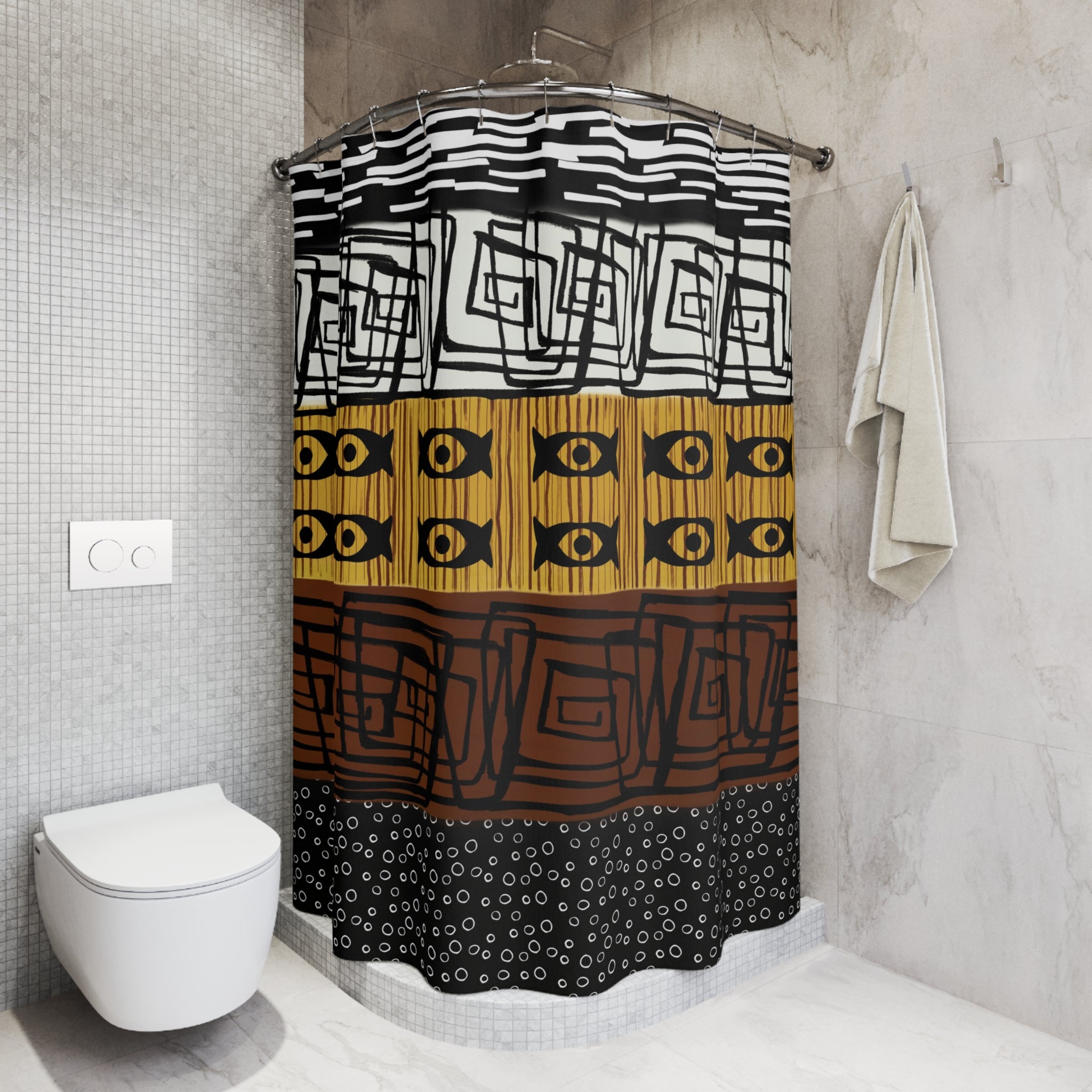 African Mud Cloth Bathroom Shower Curtain featuring traditional African-inspired patterns in a bold, Afrocentric design, perfect for culturally rich and stylish home decor.