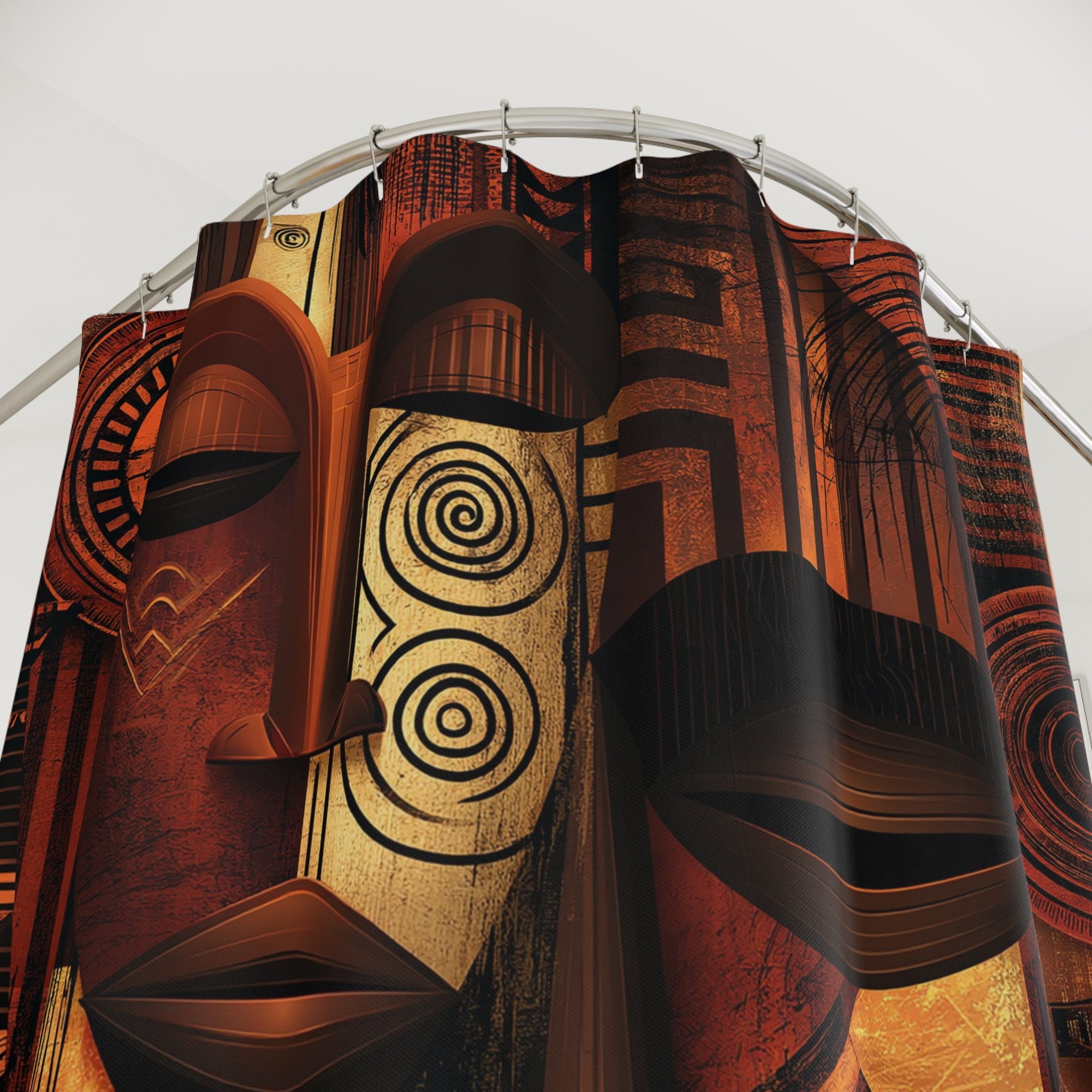 Close up detail of top of African Mask Abstract Shower Curtain.