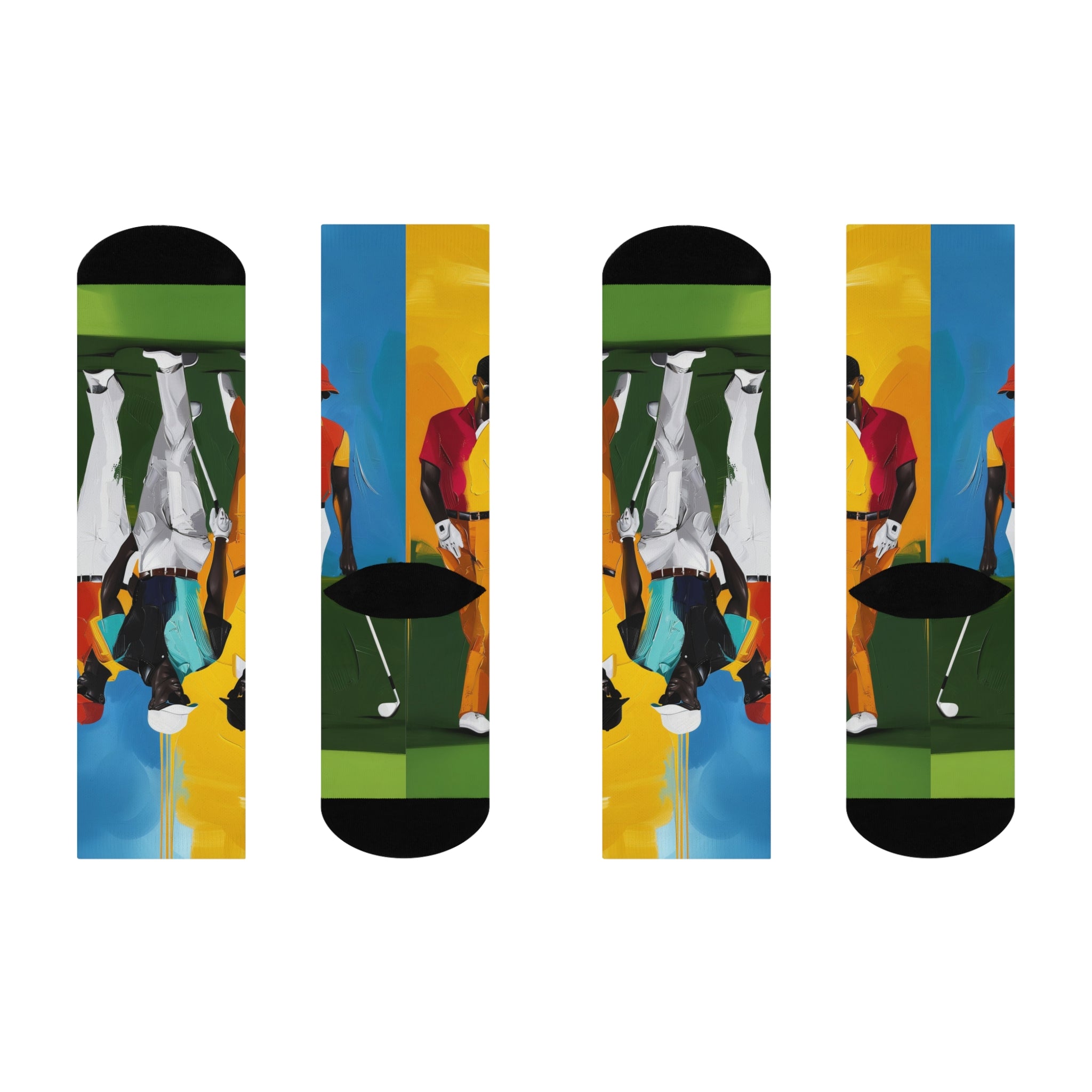 White crew socks featuring Afrocentric painterly artwork of Black men playing golf on a vibrant green course, celebrating Black joy, leisure, and stylish golf culture.