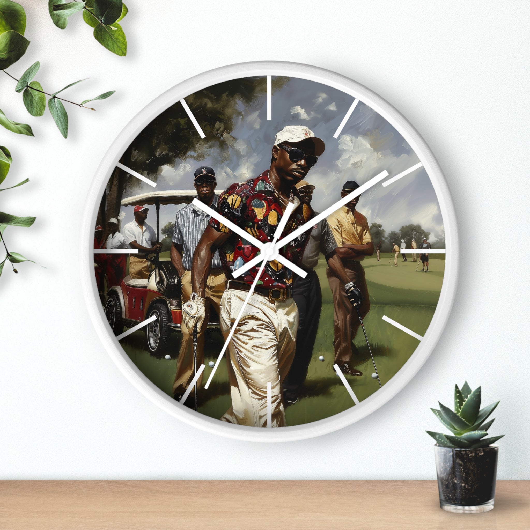 Round wall clock featuring Afrocentric artwork of stylish Black men playing golf on a lush green course, celebrating Black joy, leisure, and brotherhood in a modern fine art style.