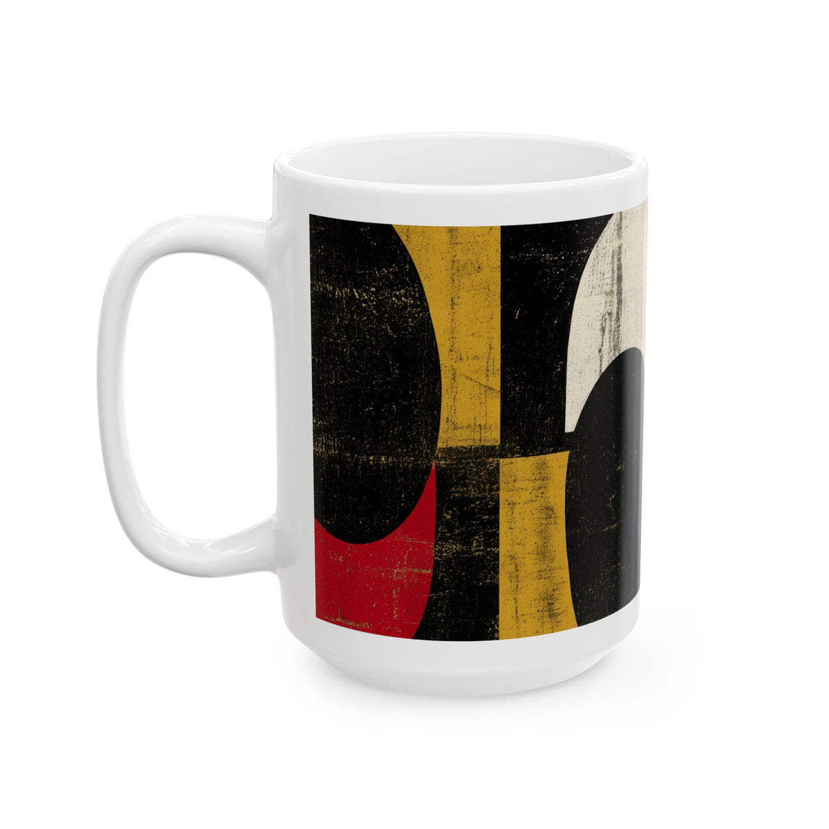 A white 15 oz. ceramic mug featuring a distressed abstract geometric print with black, gold, red, and off-white shapes, shown on a clean white background.