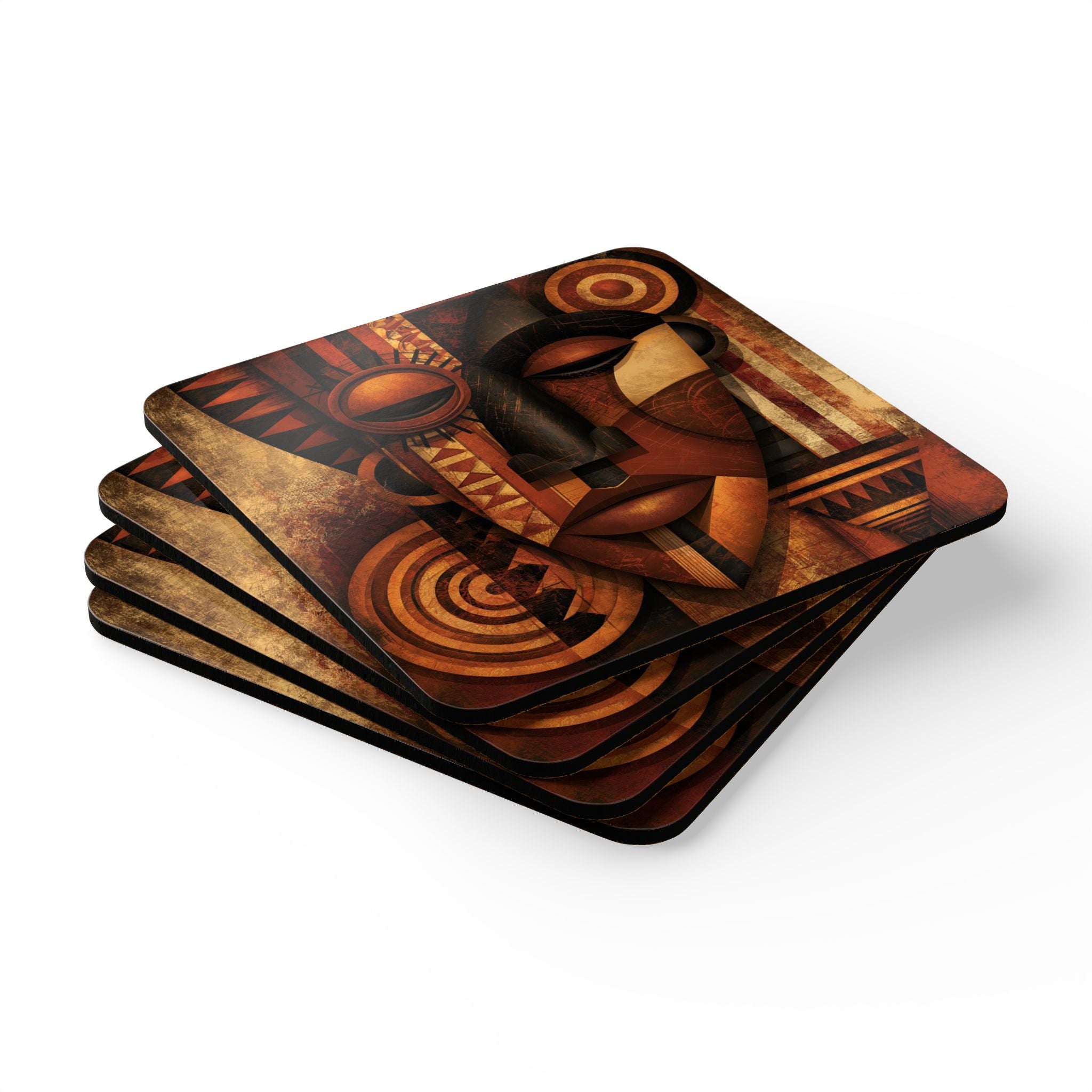Set of four African Mask beverage coasters featuring vibrant Afrocentric artwork with cork backing, perfect for protecting tables while adding African American cultural style to living rooms, coffee tables, kitchens, and home bars.