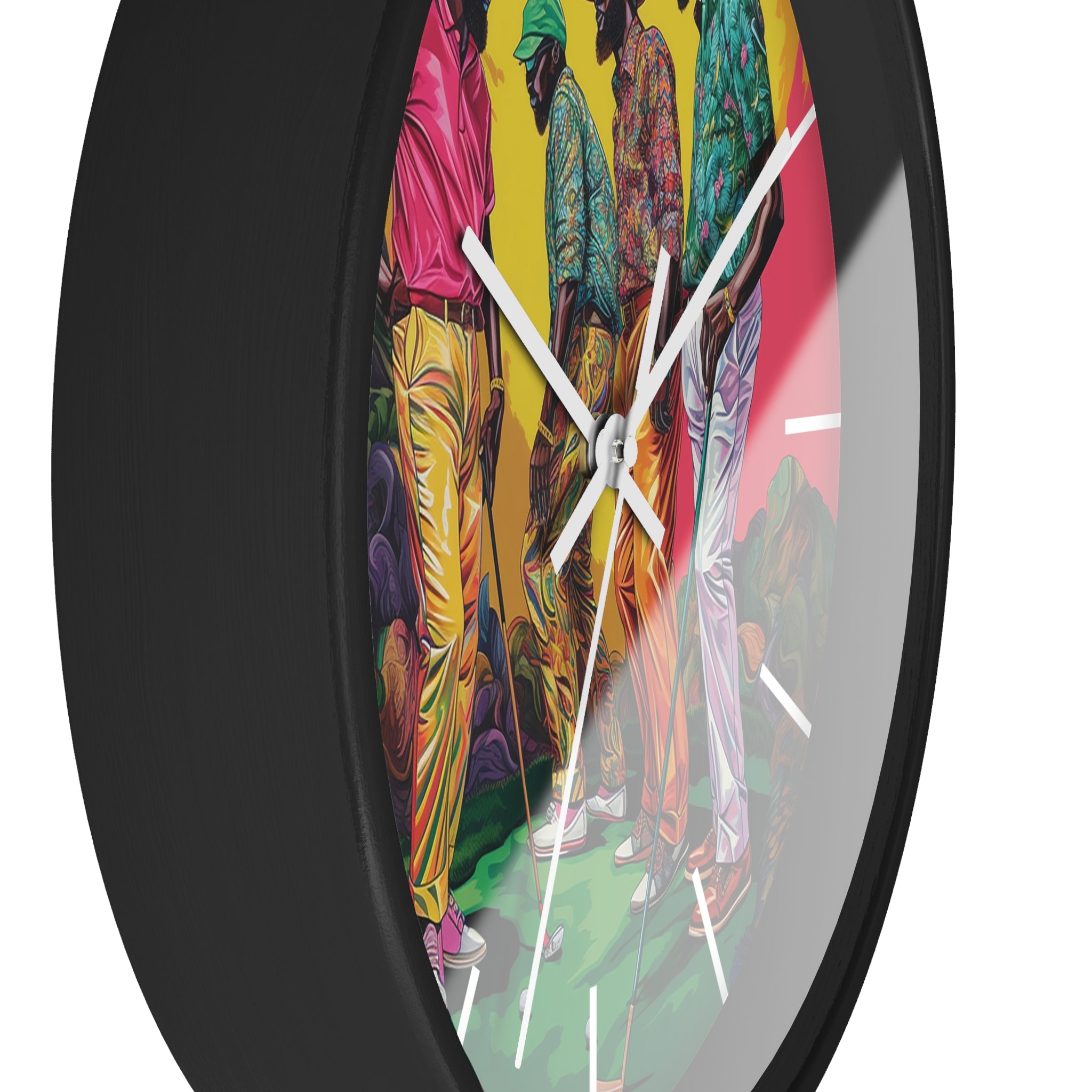 Black Men Playing Golf Wall Clock featuring African American golfers on the green. Afrocentric sports wall decor celebrating Black men in golf, leisure, and culture.