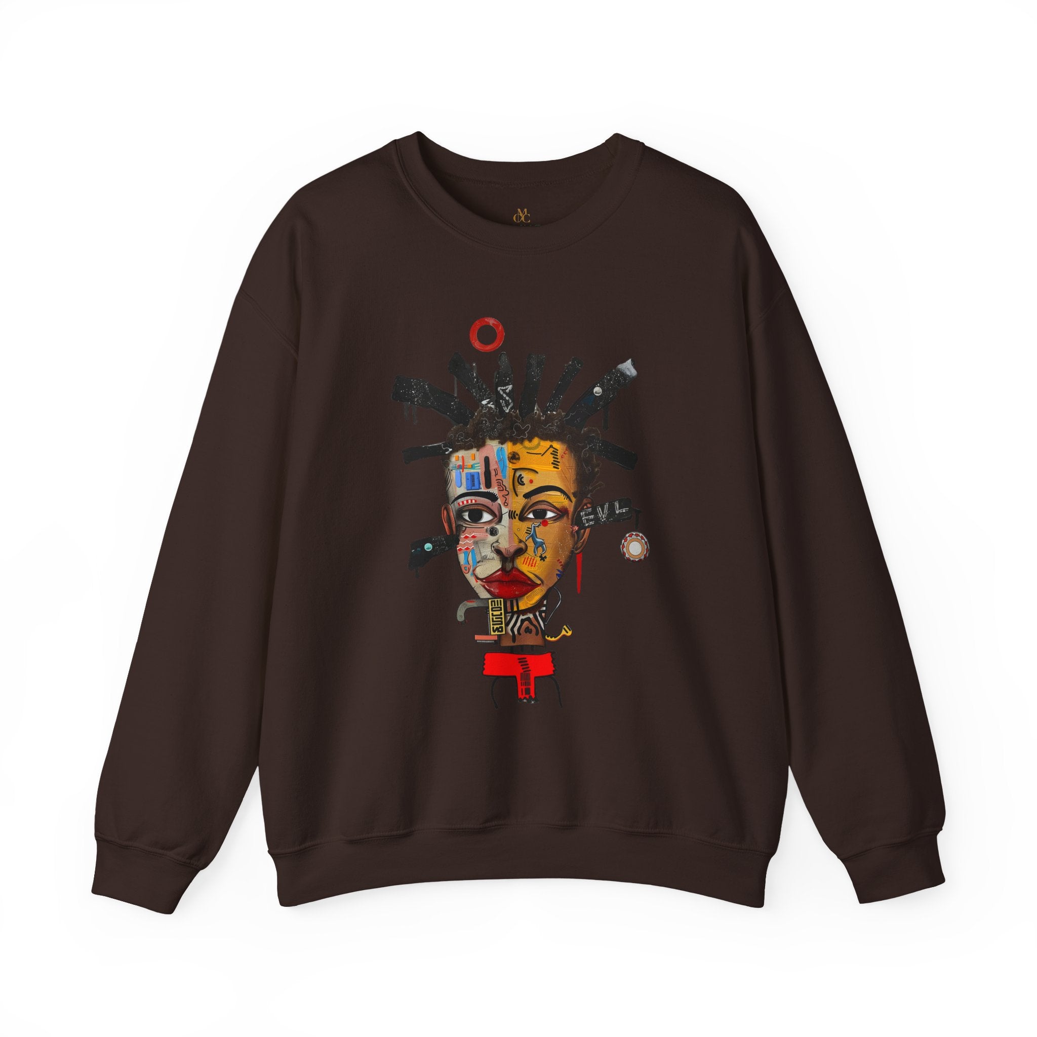 Abstract Afrocentric sweatshirt featuring a split-face portrait of a Black man, half human and half robot, with expressive facial features and futuristic mechanical details in an Afrofuturism art style.