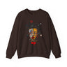 Abstract Afrocentric sweatshirt featuring a split-face portrait of a Black man, half human and half robot, with expressive facial features and futuristic mechanical details in an Afrofuturism art style.