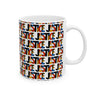 A white ceramic mug featuring a repeating 'JUSTICE' text pattern in black, red, blue, and yellow, shown on a clean white background, 11 oz size, right handle view.