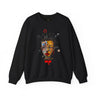 Abstract Afrocentric sweatshirt featuring a split-face portrait of a Black man, half human and half robot, with expressive facial features and futuristic mechanical details in an Afrofuturism art style.