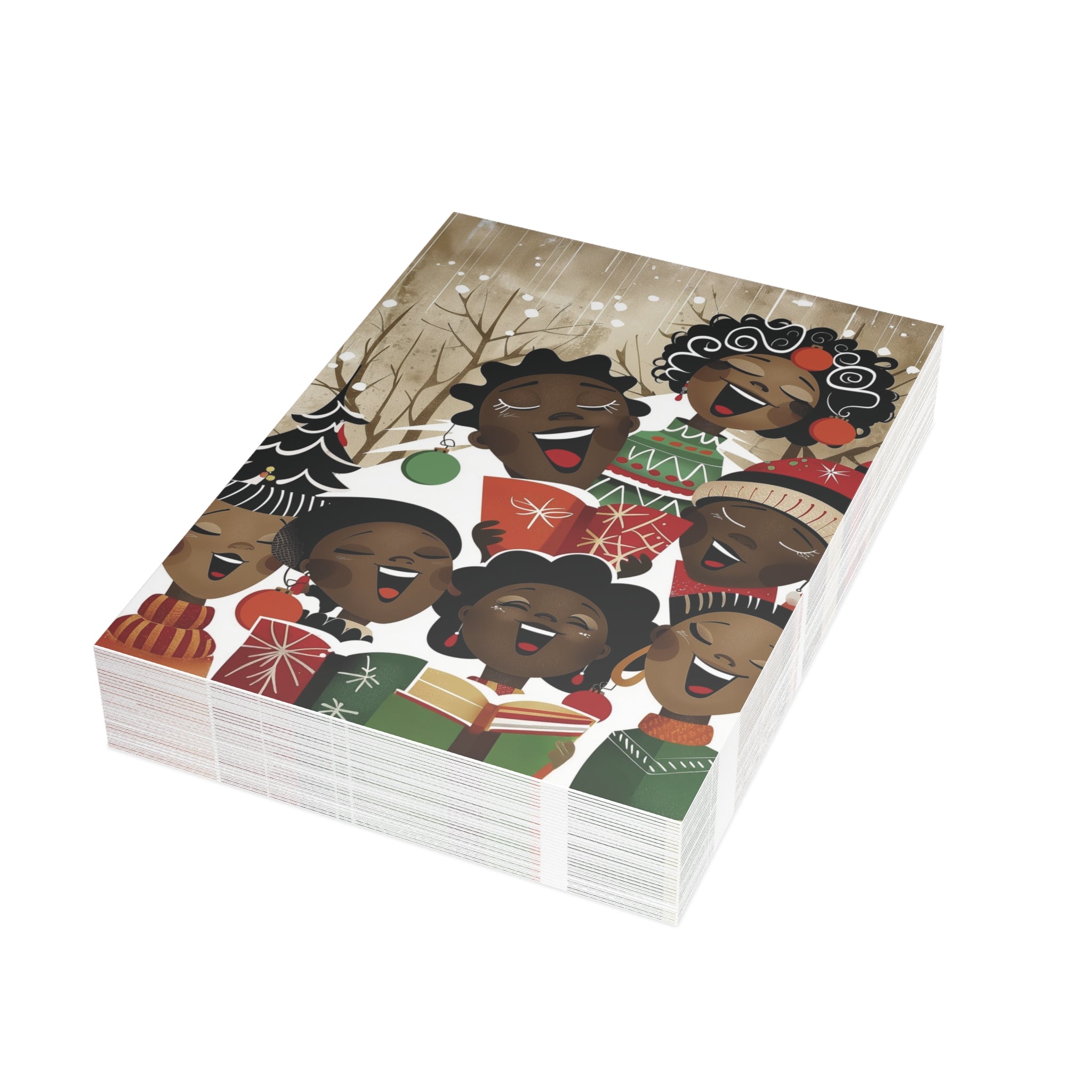 Christmas cards featuring African American holiday carolers and Black church choir singers in festive attire, available as a single card or boxed set with white envelopes.
