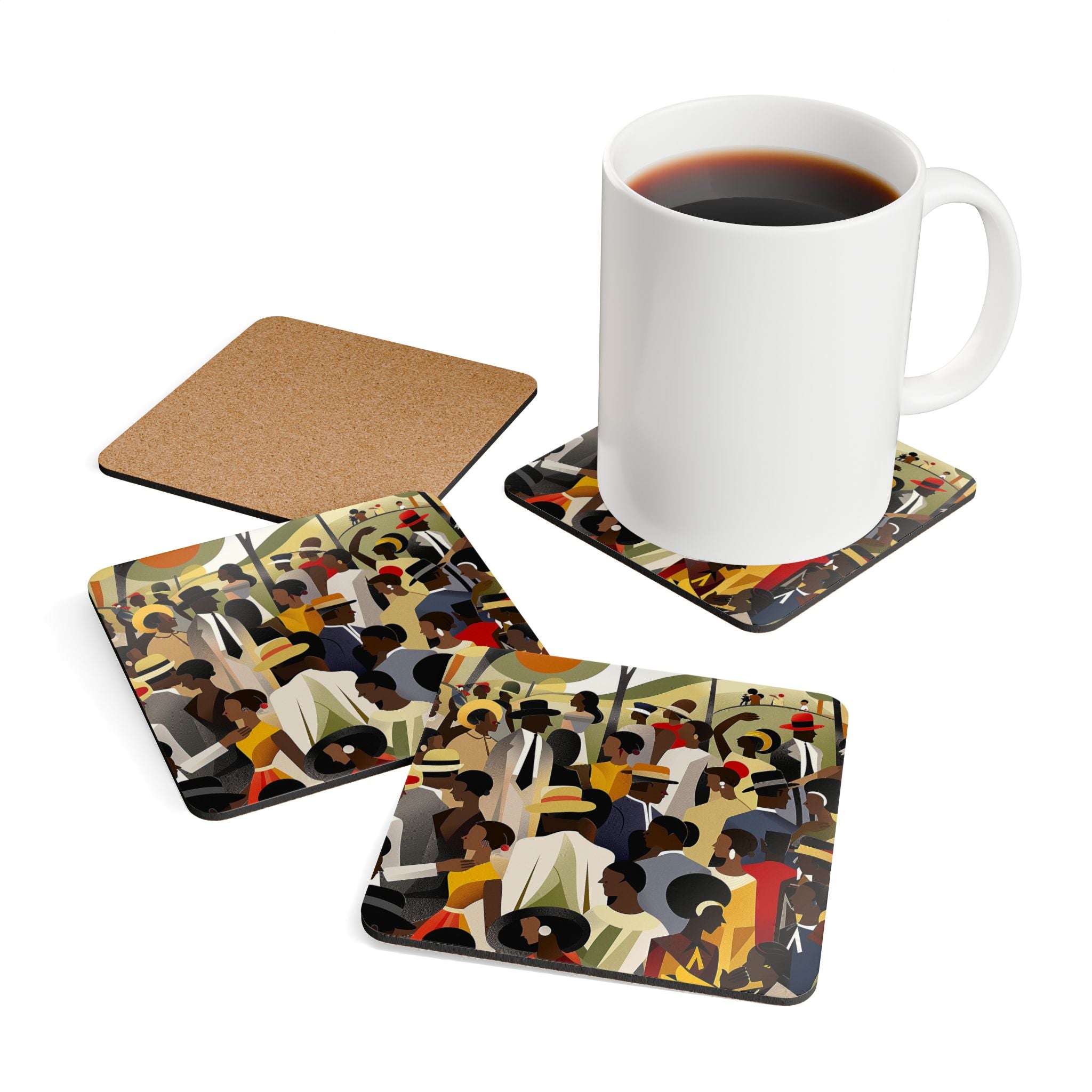 Juneteenth Celebration Drink Coasters featuring a vibrant picnic in the park scene, perfect for celebrating African American culture with colorful beverage coasters and Afrocentric barware accessories.