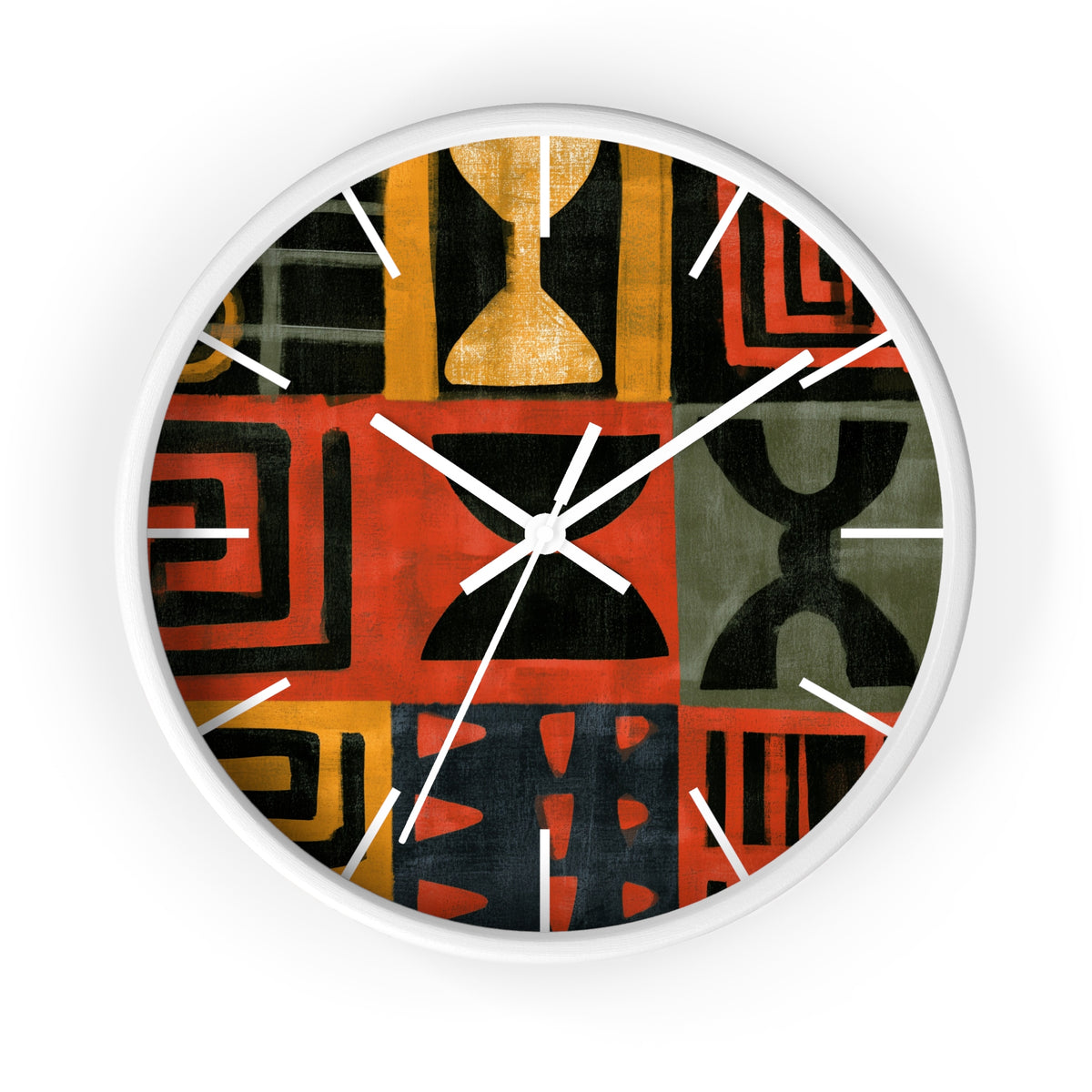 White Afrocentric abstract geometric round wall clock with white time markings and black clock hands, featuring African-inspired symbols, spirals, arches, stripes, and graphic patterns in red, black, mustard gold, charcoal, and earthy gray, displayed against a white background.