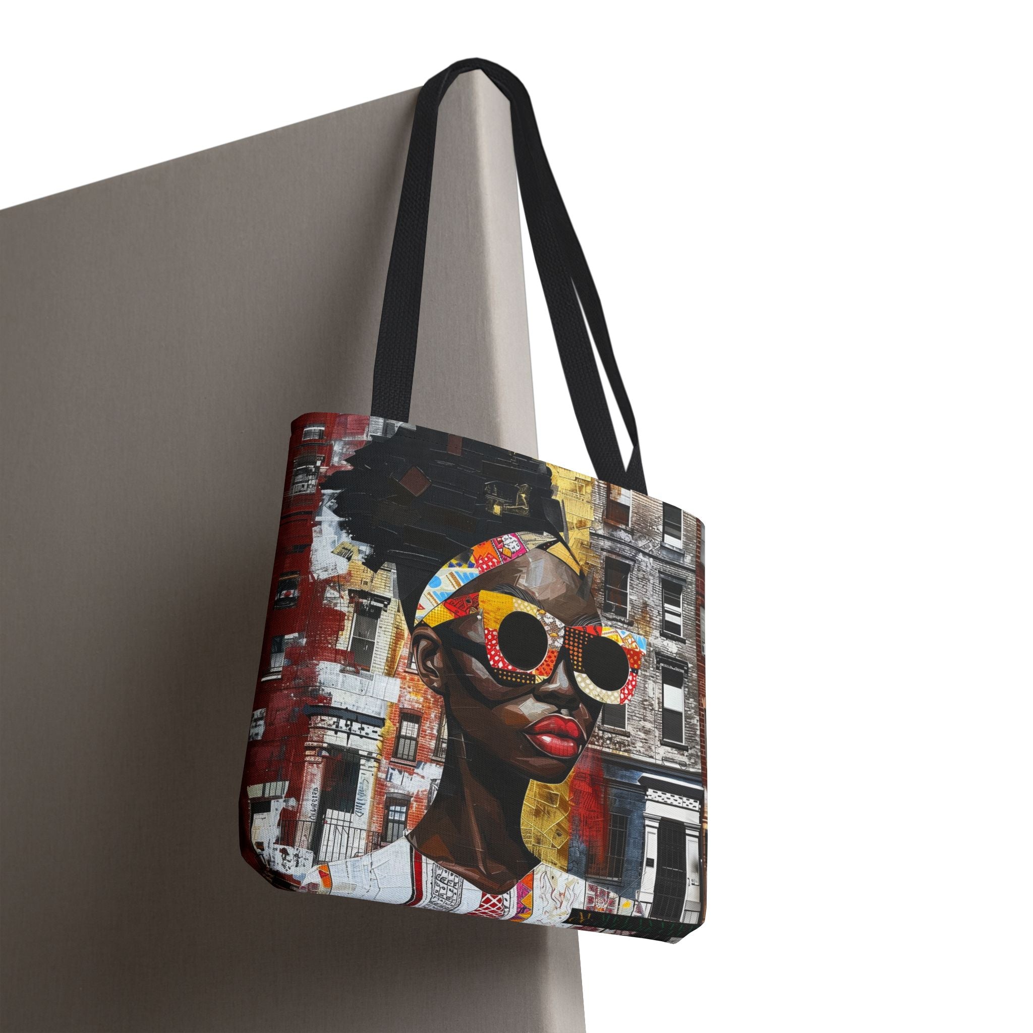 Boss Babe Lakendra tote bag featuring an abstract  Black woman with pop art style large round sunglasses. The design has a vibrant, graffiti-inspired aesthetic that celebrates African American beauty, confidence, and urban art style.