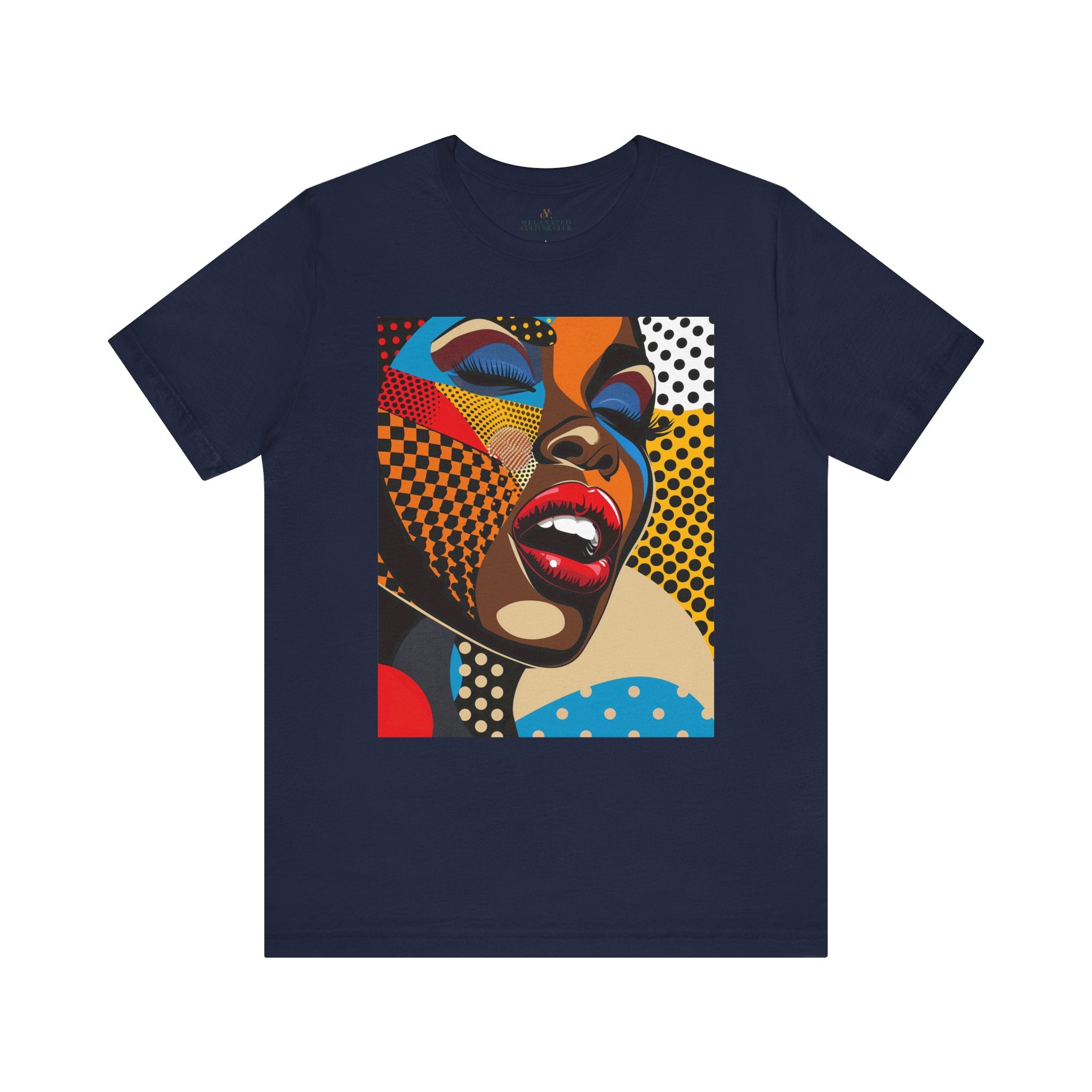 Beautiful Black Girl Pop Art Tee featuring a comic book-style illustration of an African American woman with closed eyes and bold red lips singing. Designed in bright, vivid colors with Afrocentric flair and Pop Art movement aesthetics.