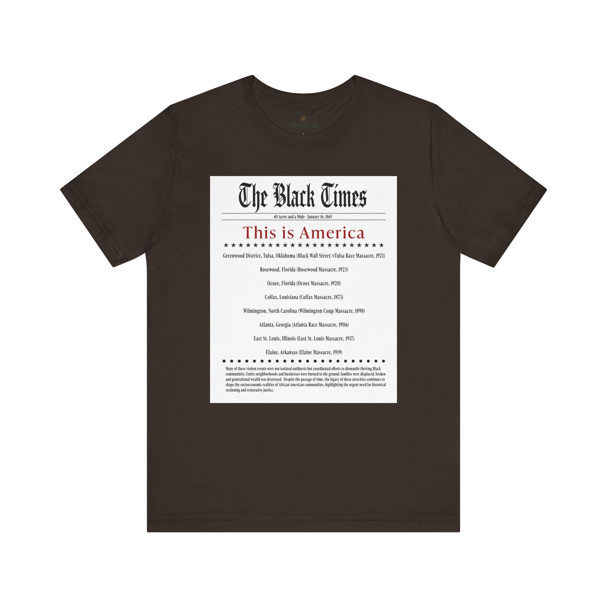 The Black Times Tee Shirt listing historical African American communities destroyed by mob violence, adult unisex Black history apparel.