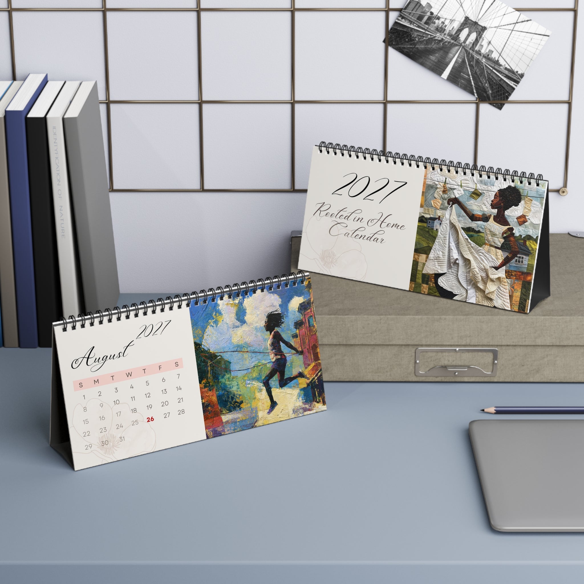 Examples of the over and month of August for the 2027 Rooted in Home Desktop calendar.