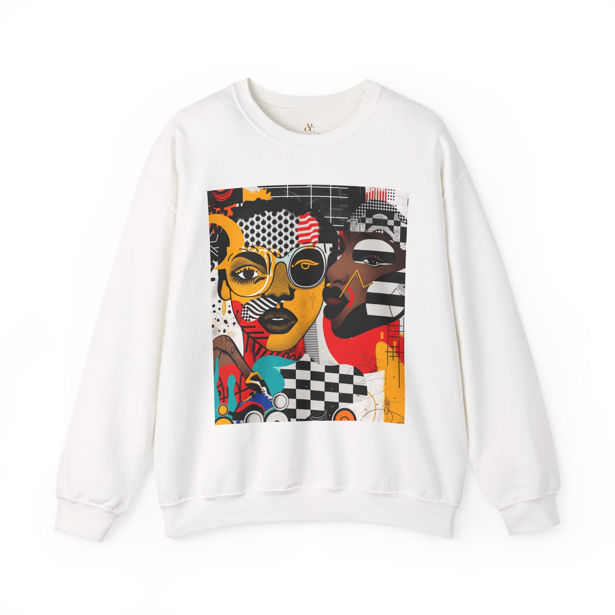 Black Women Collage Art Sweatshirt featuring a vibrant multidimensional “Soul Sister” pop art design in bold colors, Afrocentric graphic crewneck celebrating cultural pride and heritage.