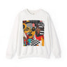 Black Women Collage Art Sweatshirt featuring a vibrant multidimensional “Soul Sister” pop art design in bold colors, Afrocentric graphic crewneck celebrating cultural pride and heritage.