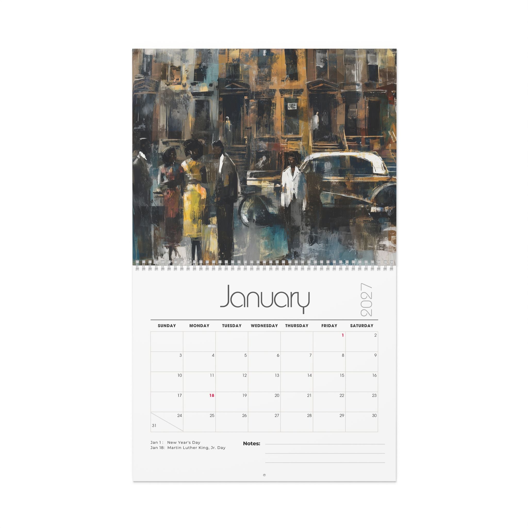 A single-page wall calendar featuring the month of January on a white background. The top half features an illustration of vintage Harlem people and a car in muted blue, brown, black, and cream tones.