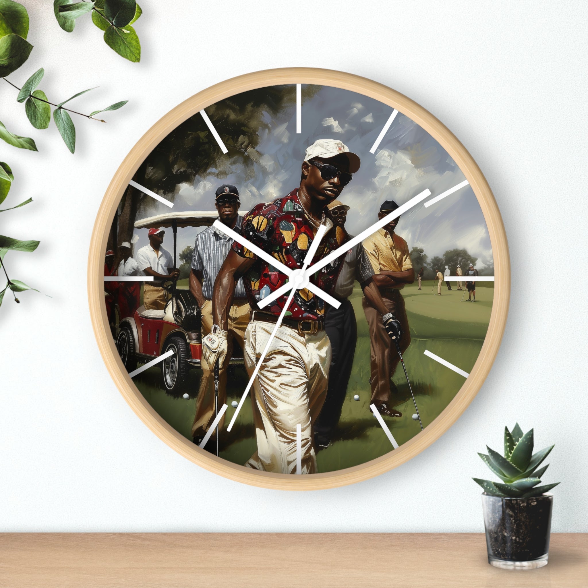 Round wall clock featuring Afrocentric artwork of stylish Black men playing golf on a lush green course, celebrating Black joy, leisure, and brotherhood in a modern fine art style.