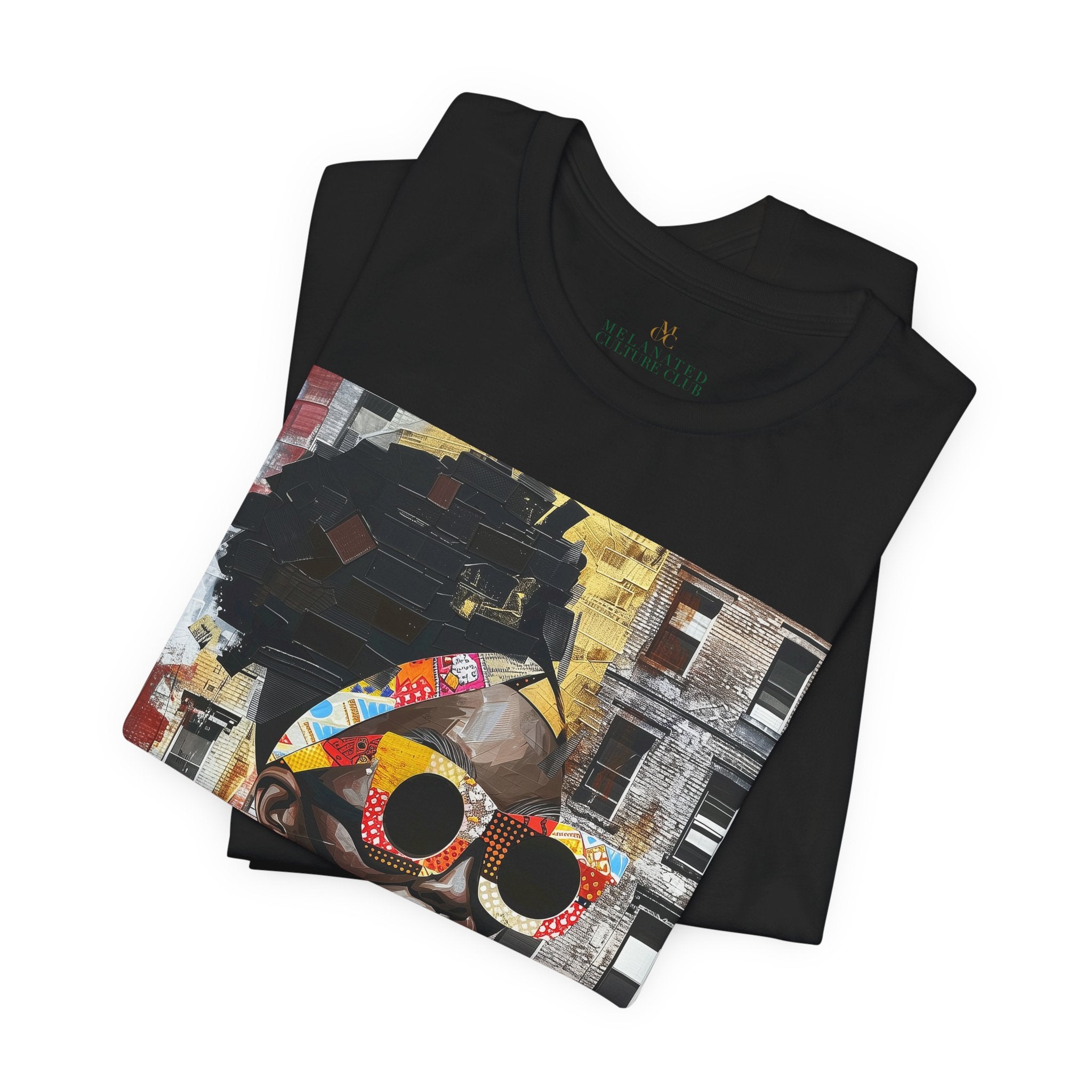 Best Seller Boss Babe graphic tee featuring an abstract cartoon-style Black woman, Lakendra with large round pop-art style sunglasses. The design has a vibrant, graffiti-inspired aesthetic that celebrates African American beauty, confidence, and urban art style.