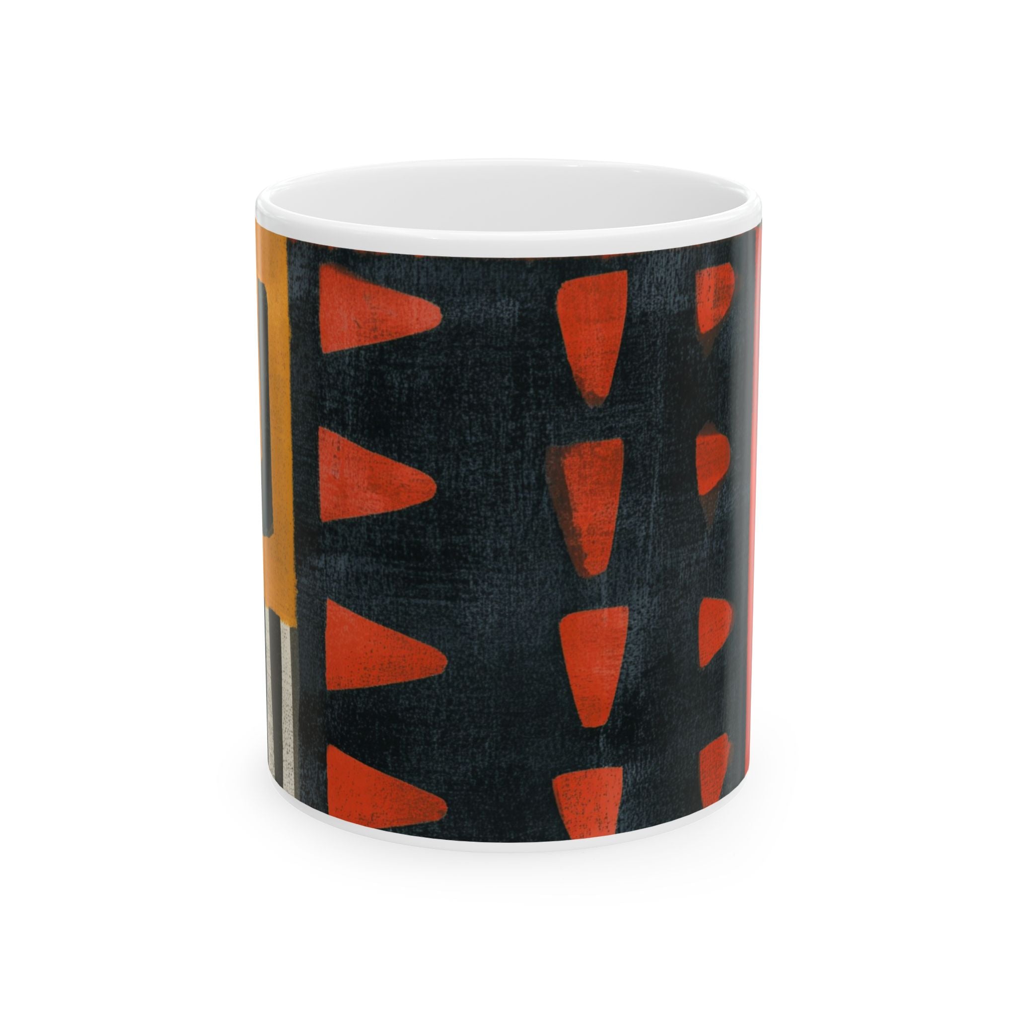Front handle view of 11 oz Afrocentric abstract coffee mug featuring bold geometric shapes and textured patterns in red, gold, black, and cream, displayed against a white background.