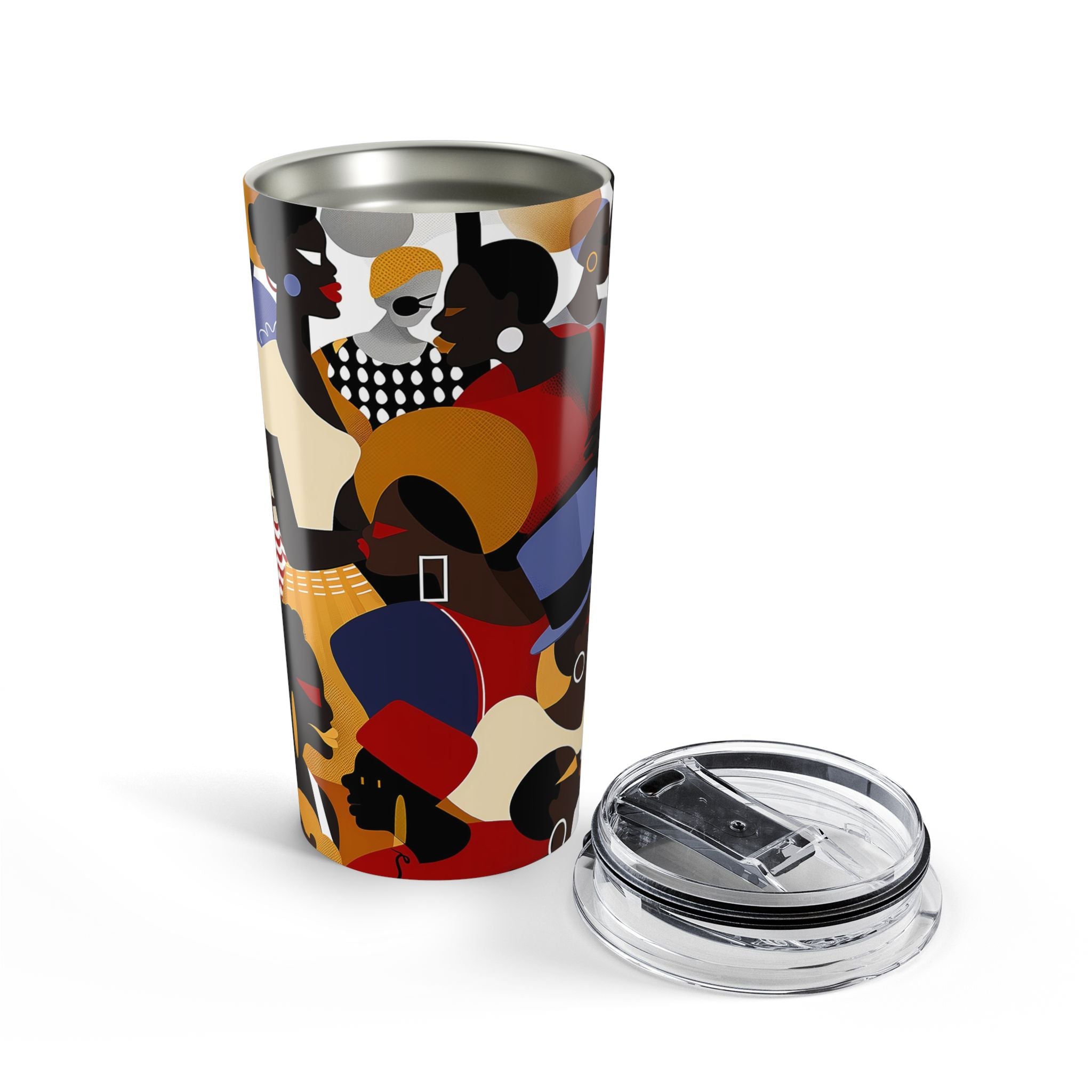 20 oz Juneteenth Family Reunion Celebration tumbler with colorful urban abstract art featuring Black family gathering imagery and clear push-on lid for hot and cold beverages