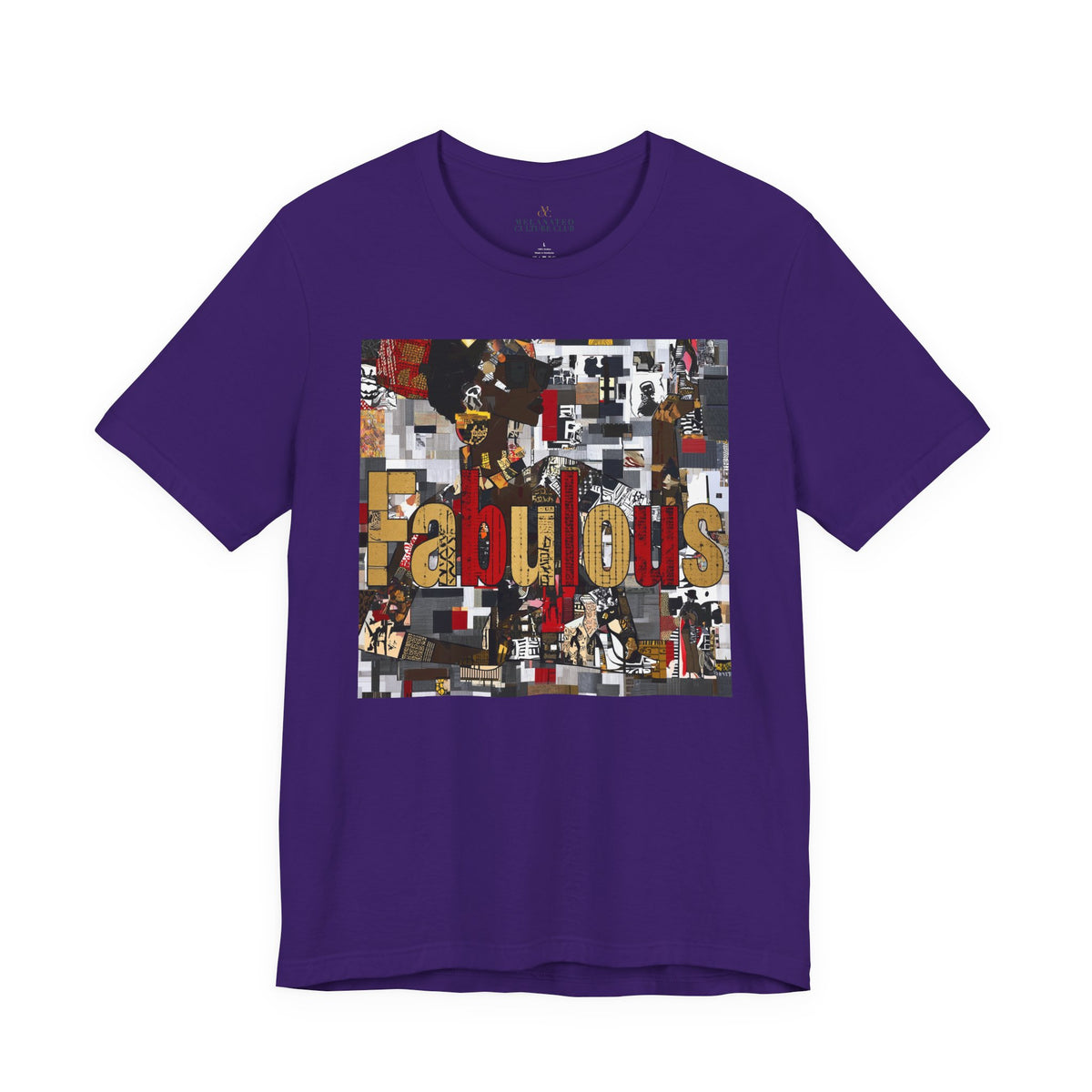 A purple short-sleeve crewneck t-shirt featuring a large rectangular graphic print on the front with the word 'Fabulous' in gold letters over a collage of images featuring a stylized Black female.