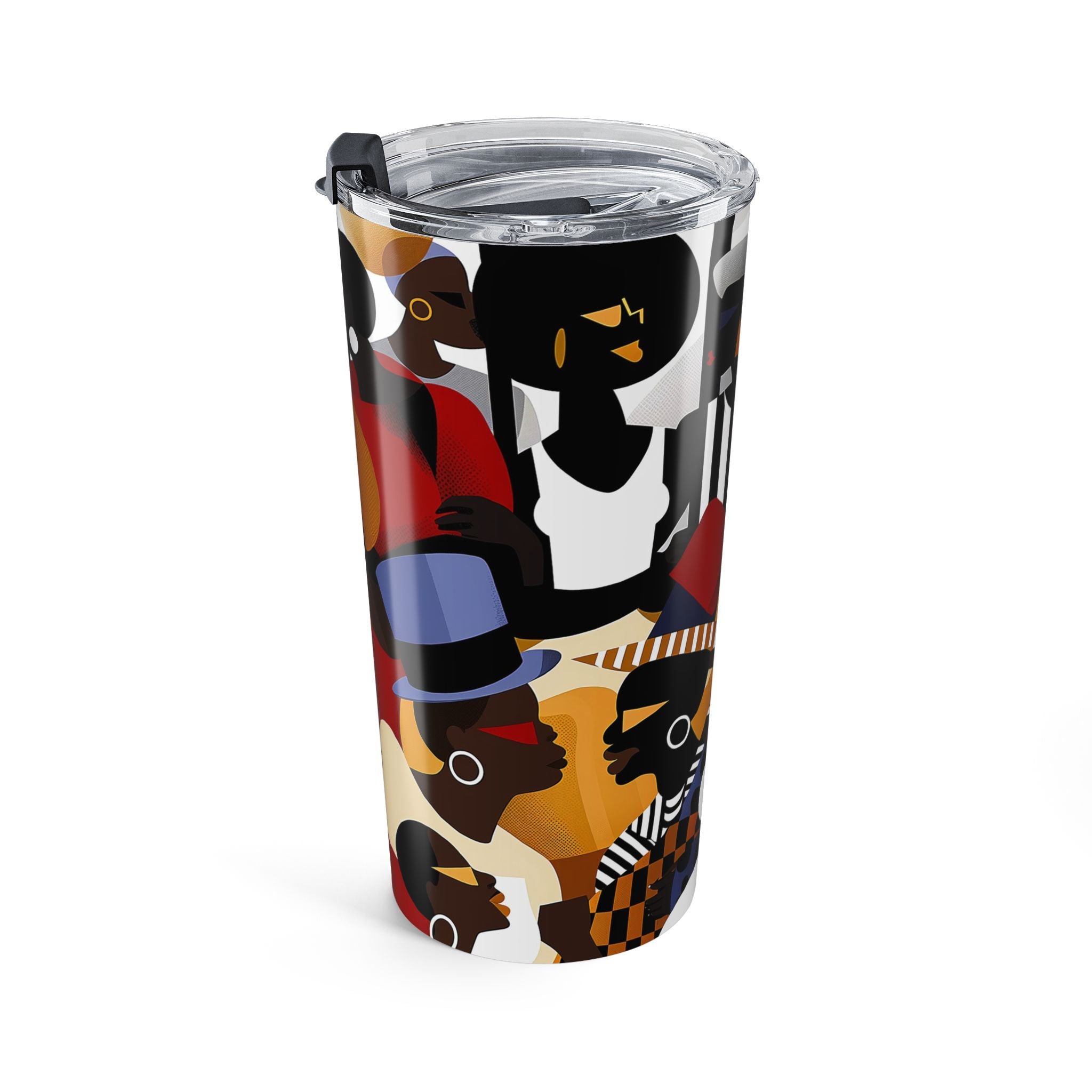 20 oz Juneteenth Family Reunion Celebration tumbler with colorful urban abstract art featuring Black family gathering imagery and clear push-on lid for hot and cold beverages