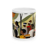 White ceramic mug with a colorful illustration of a group of people in a park. The illustration features people of different ages and skin tones wearing hats and clothing in various colors.