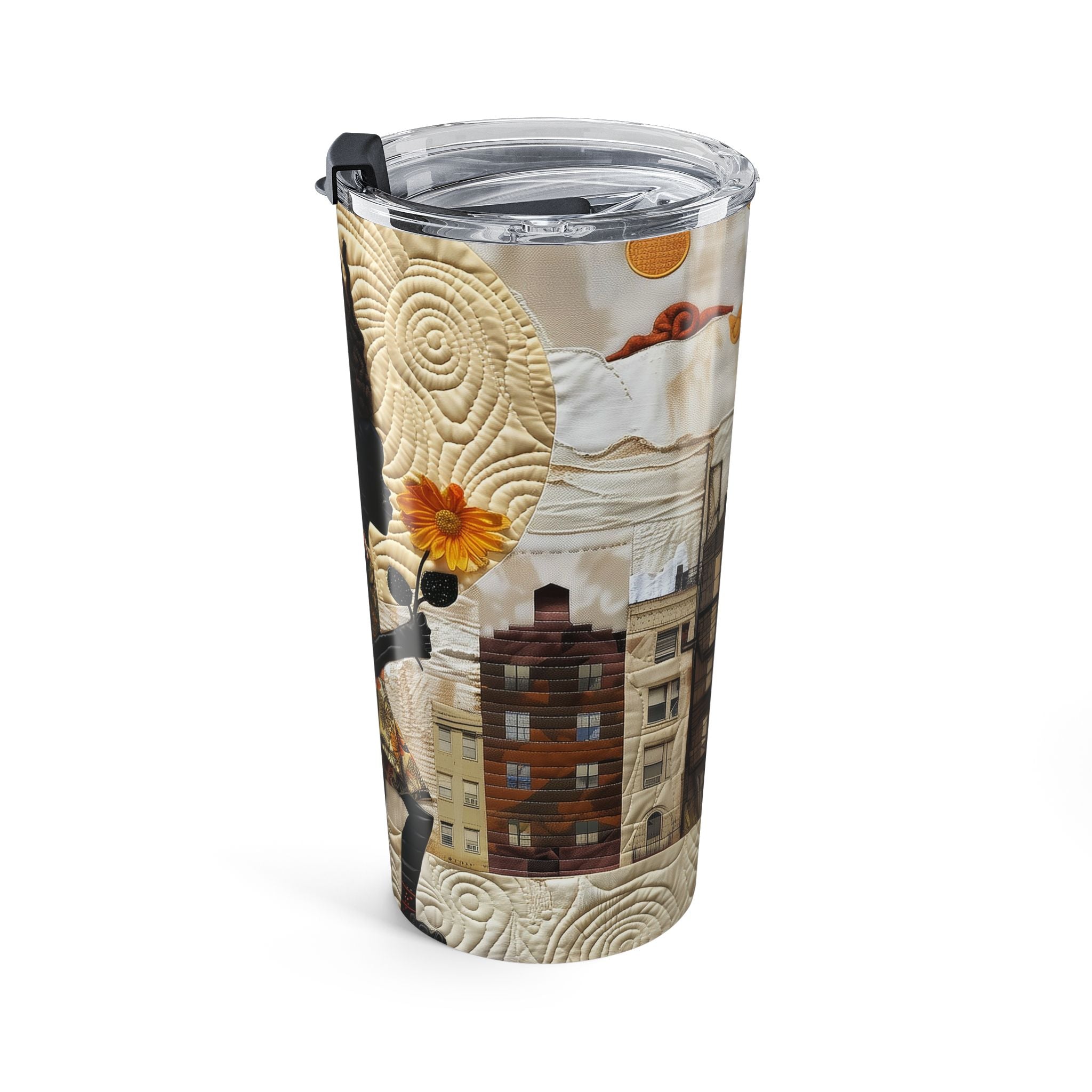 20 oz stainless steel travel tumbler featuring a young Black girl carrying a yellow sunflower while walking through Harlem. Her long braids blow in the wind with historic Harlem brownstones and New York City architecture in the background, illustrated in a colorful Afrocentric faux quilt collage style.  Left side view of tumbler against a white background.