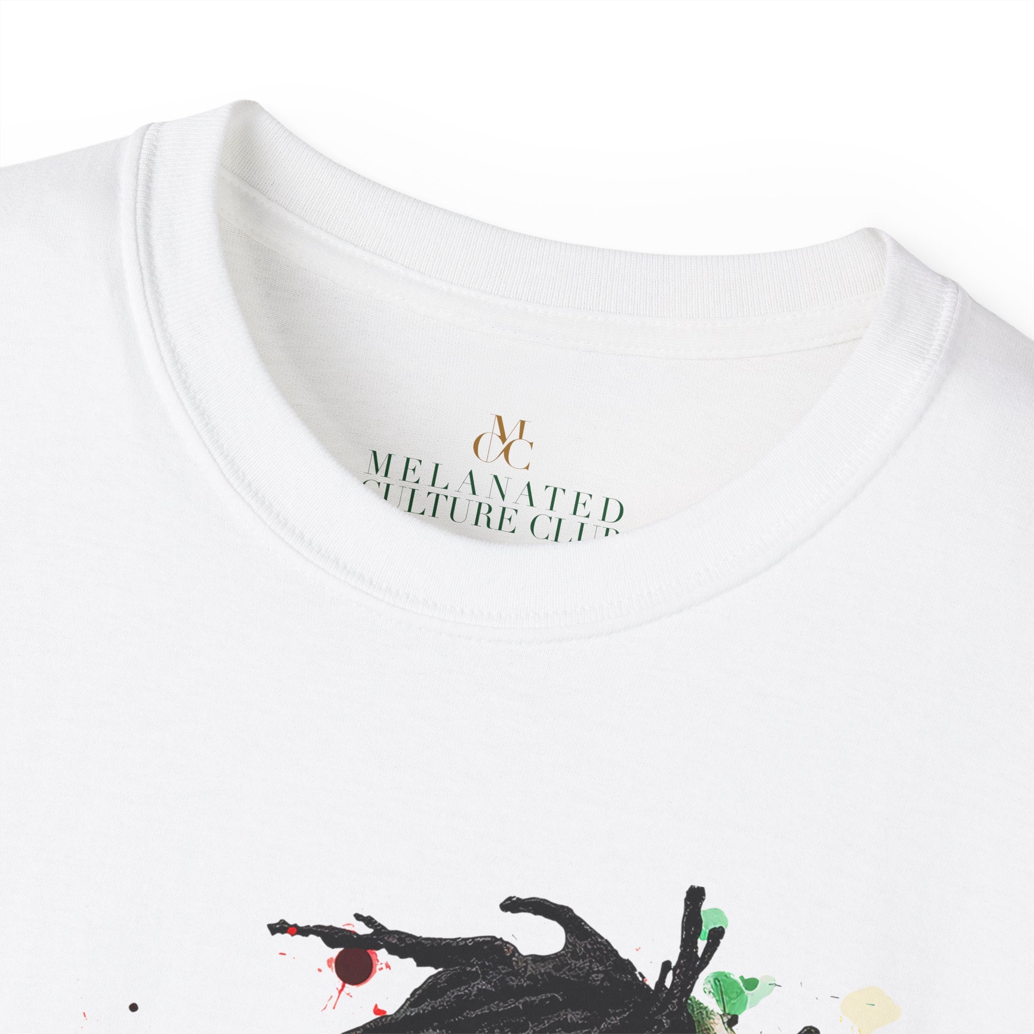 Abstract art tee shirt shown in white, inside logo label tag.