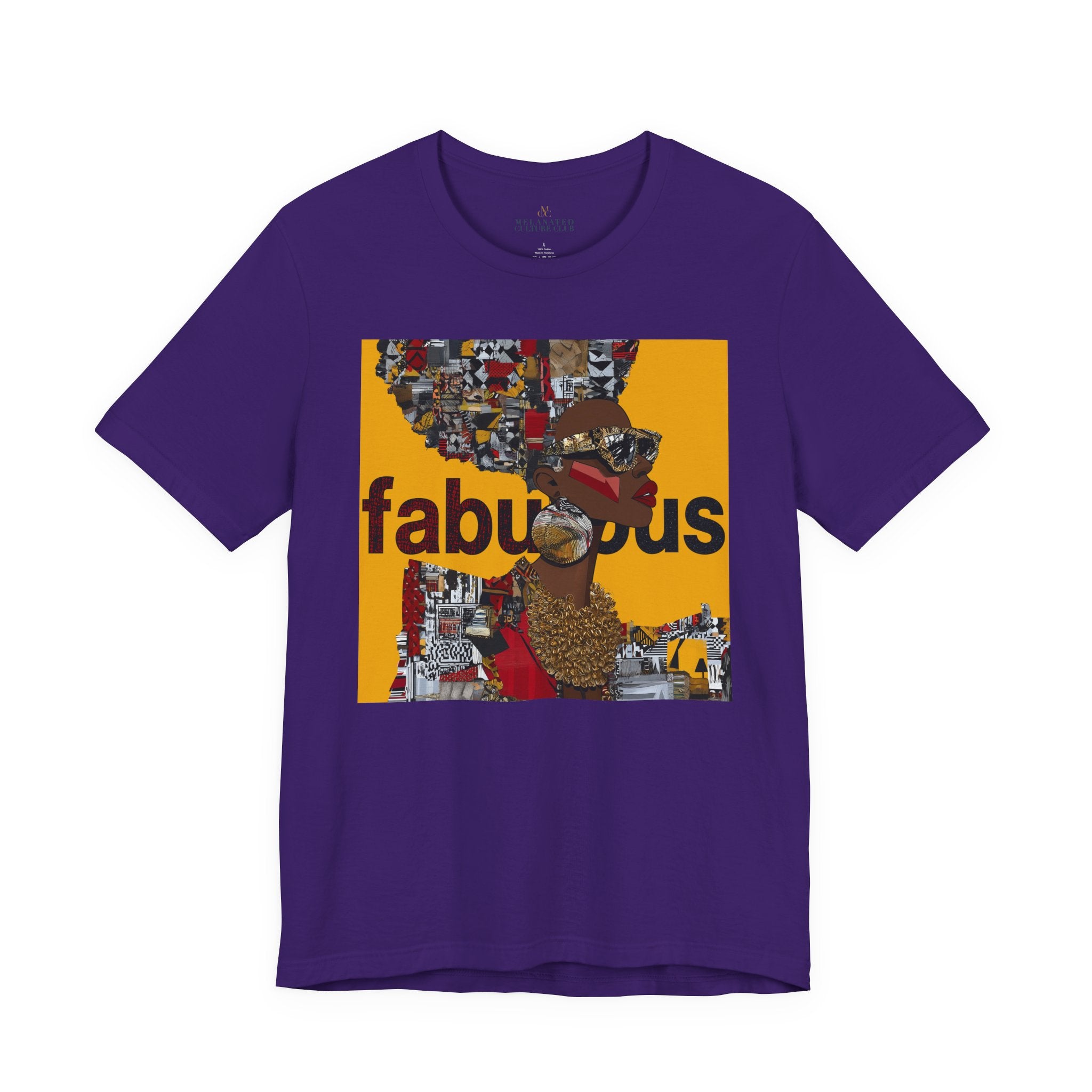 A purple short-sleeve t-shirt featuring an Afrocentric Black woman with a large graphic print on the front with the word 'fabulous' in dark brown text over a collage of colorful objects.