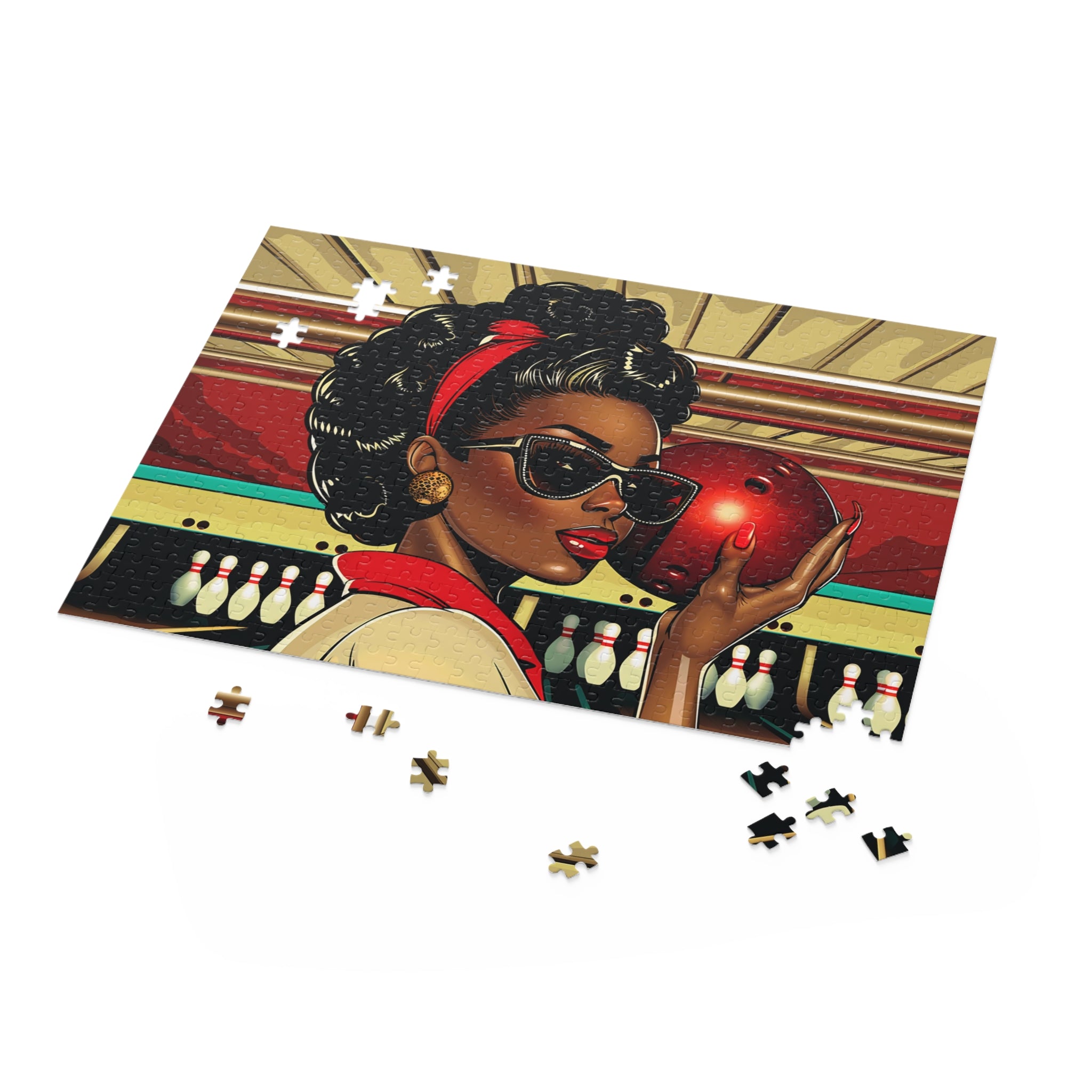 Woman Bowling Jigsaw Puzzle African American Woman Bowling Puzzle in 16" x 20" size.