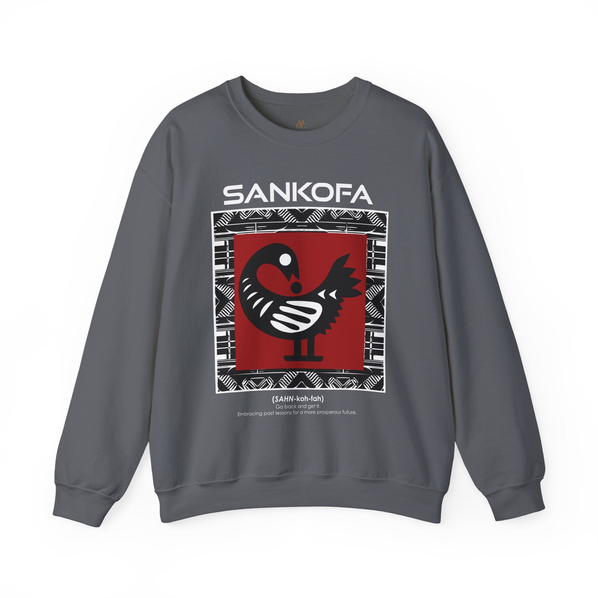 Adinkra Sankofa Sweatshirt with Ghana’s iconic bird symbol and cultural definition. Afrocentric unisex pullover celebrating African heritage, history, and Black pride.
