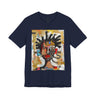 Abstract Afrocentric t-shirt featuring a split-face portrait of a Black man, half human and half robot, with expressive facial features and futuristic mechanical details in an Afrofuturism art style.