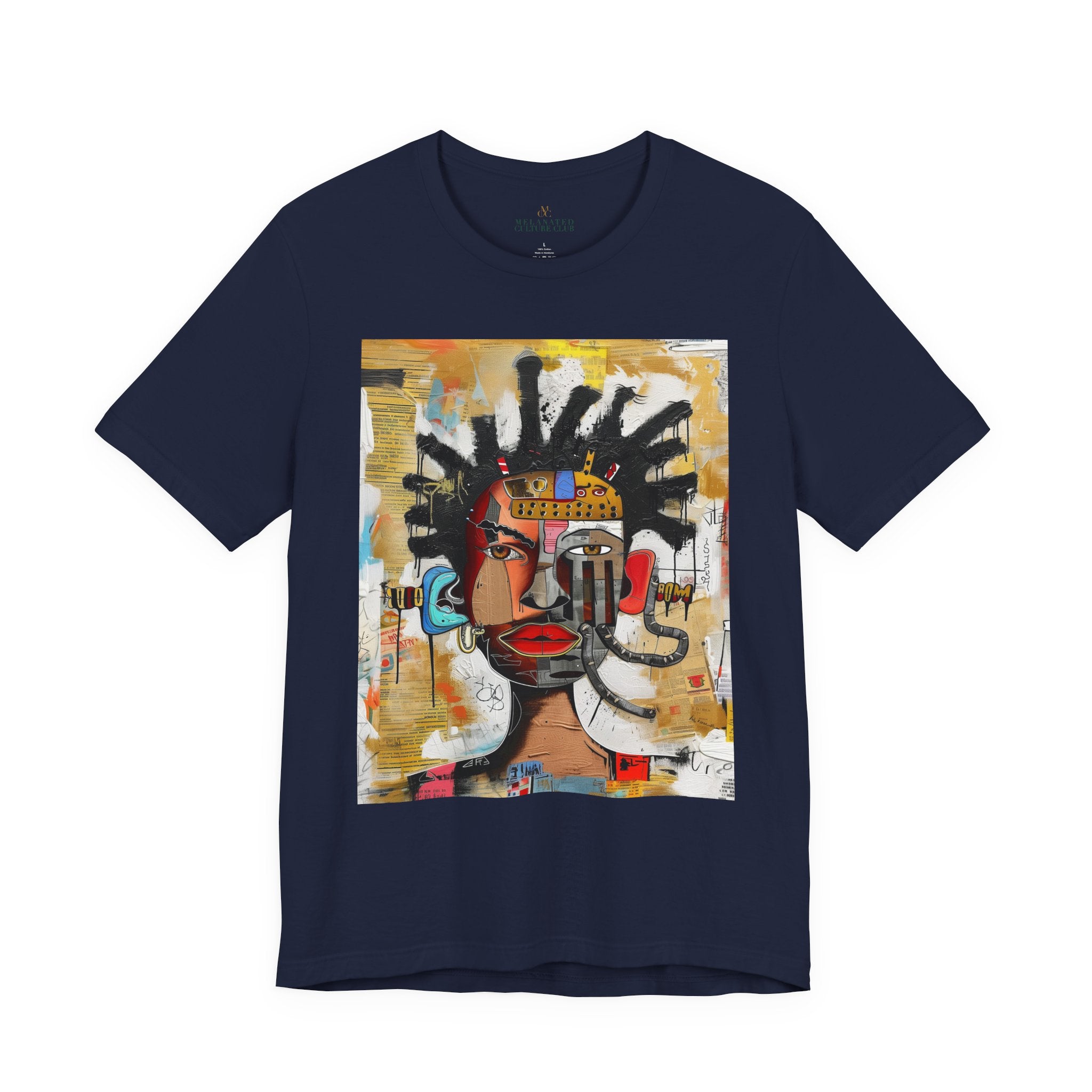 Abstract Afrocentric t-shirt featuring a split-face portrait of a Black man, half human and half robot, with expressive facial features and futuristic mechanical details in an Afrofuturism art style.