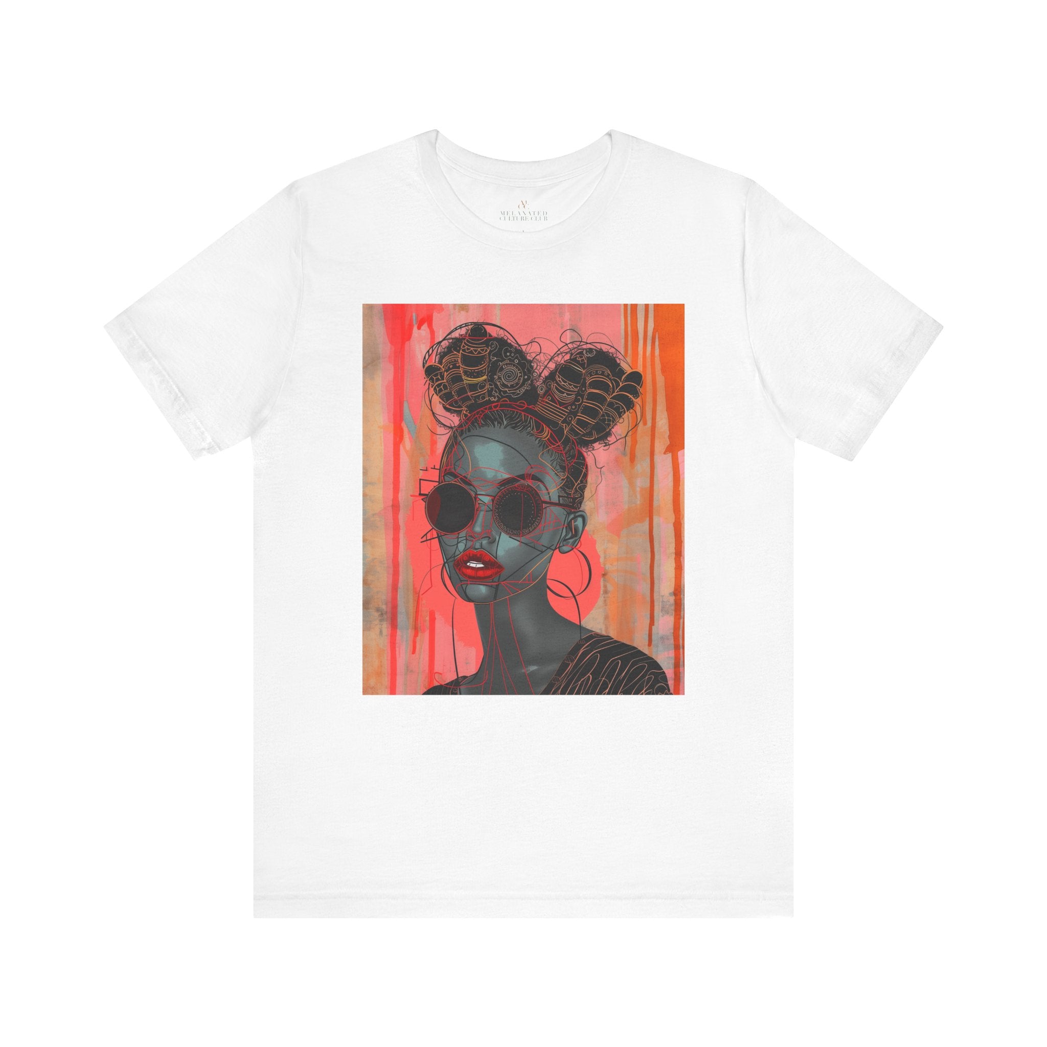 Black Woman Afrofuturism Tee featuring African American woman with Bantu knots and round fashion sunglasses, Afrocentric unisex shirt with futuristic and cultural design.