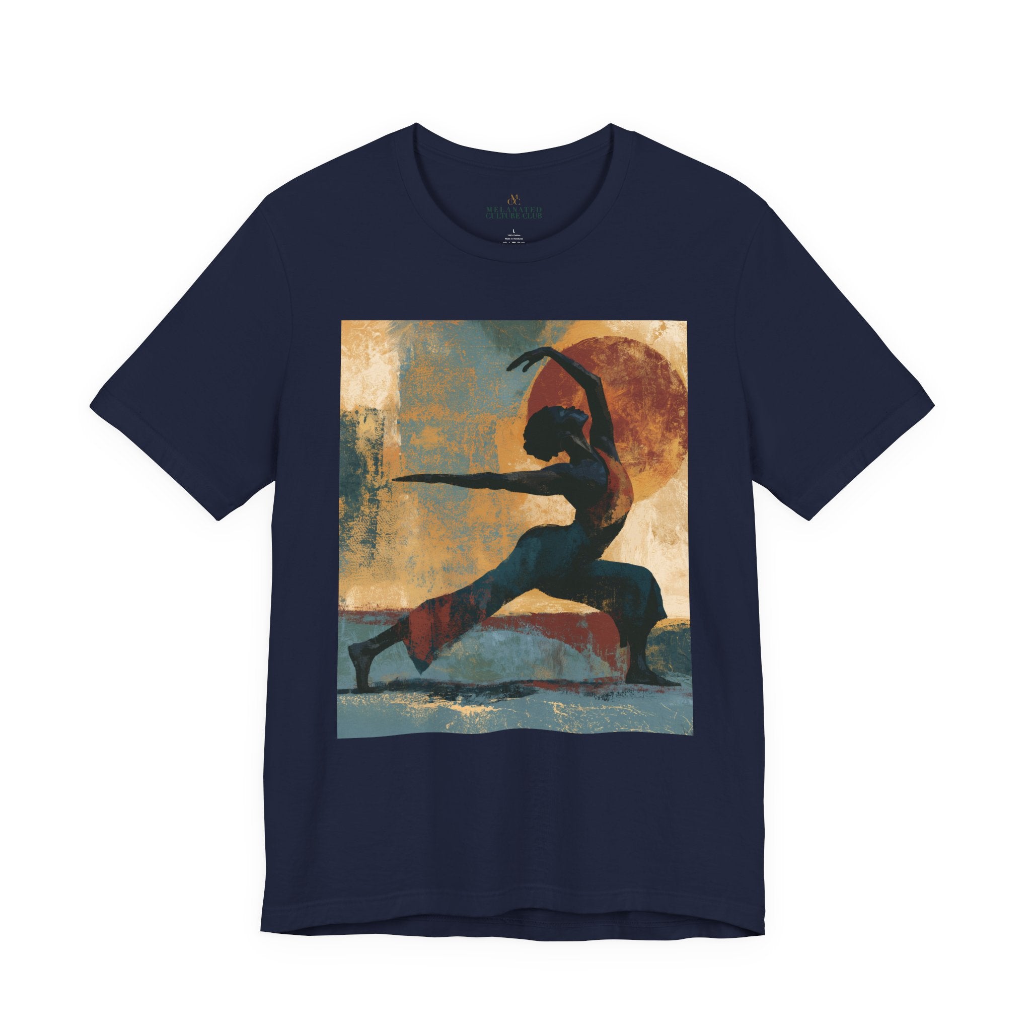 A navy colored short-sleeve crewneck t-shirt featuring a Black woman in a yoga pose against a warm, abstract sunset background.
