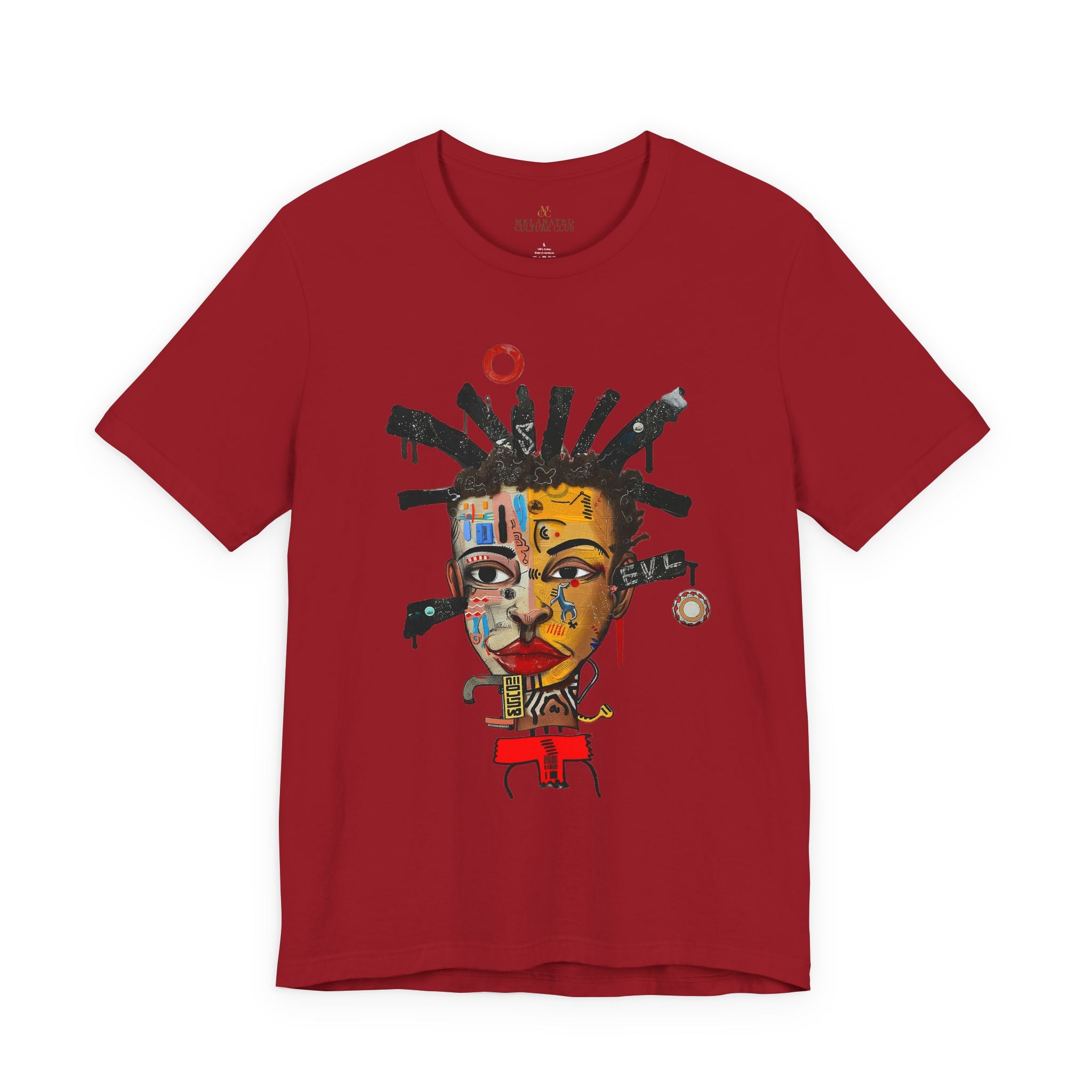 Abstract Afrocentric t-shirt featuring a split-face portrait of a Black man, half human and half robot, with expressive facial features and futuristic mechanical details in an Afrofuturism art style. Series 02