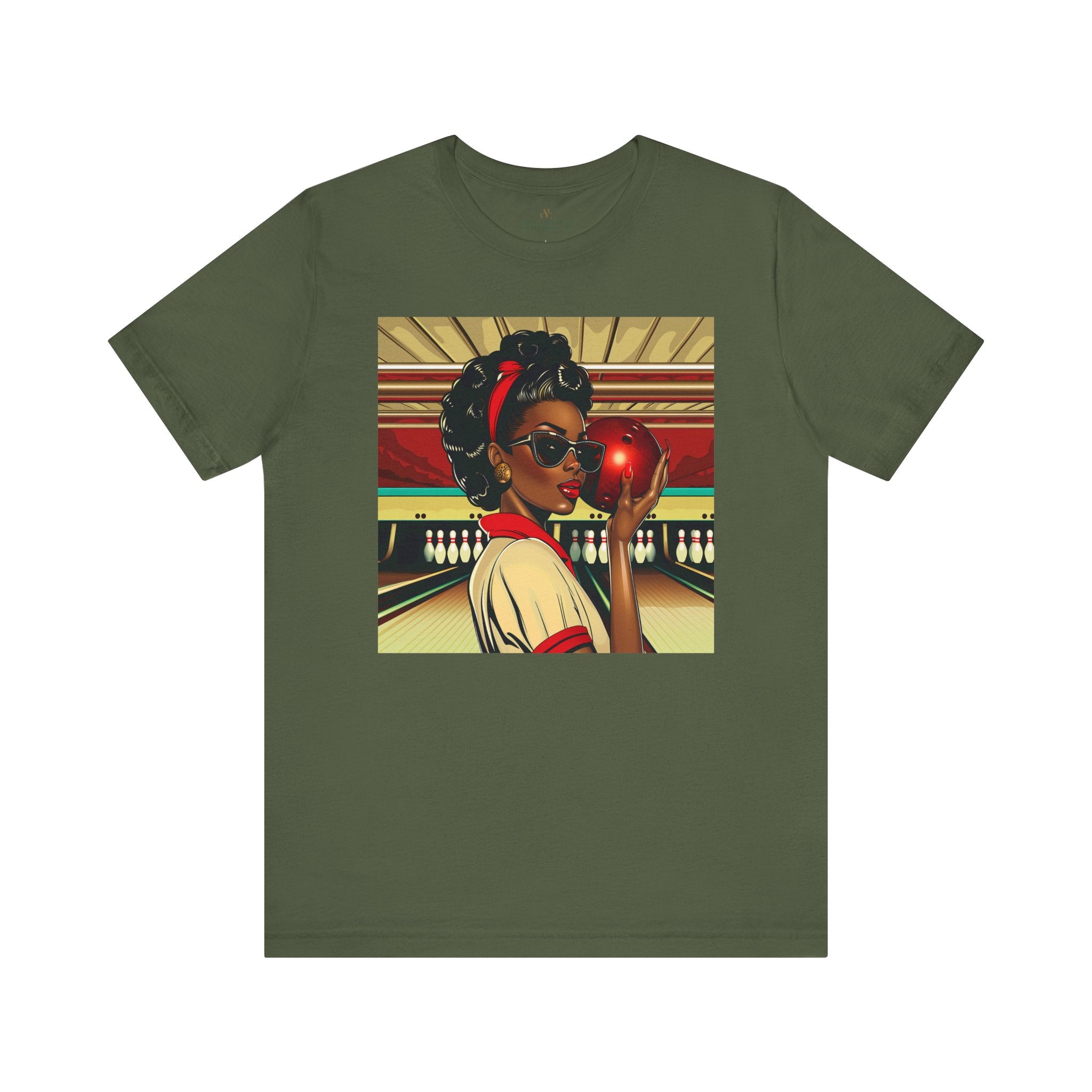 Woman Bowling Shirt African American Woman Tee Retro Pop Art in olive