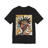 Abstract Afrocentric t-shirt featuring a split-face portrait of a Black man, half human and half robot, with expressive facial features and futuristic mechanical details in an Afrofuturism art style.
