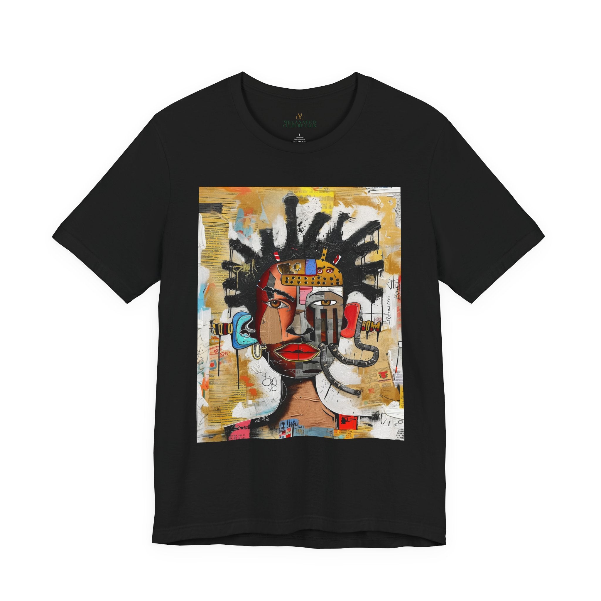 Abstract Afrocentric t-shirt featuring a split-face portrait of a Black man, half human and half robot, with expressive facial features and futuristic mechanical details in an Afrofuturism art style.