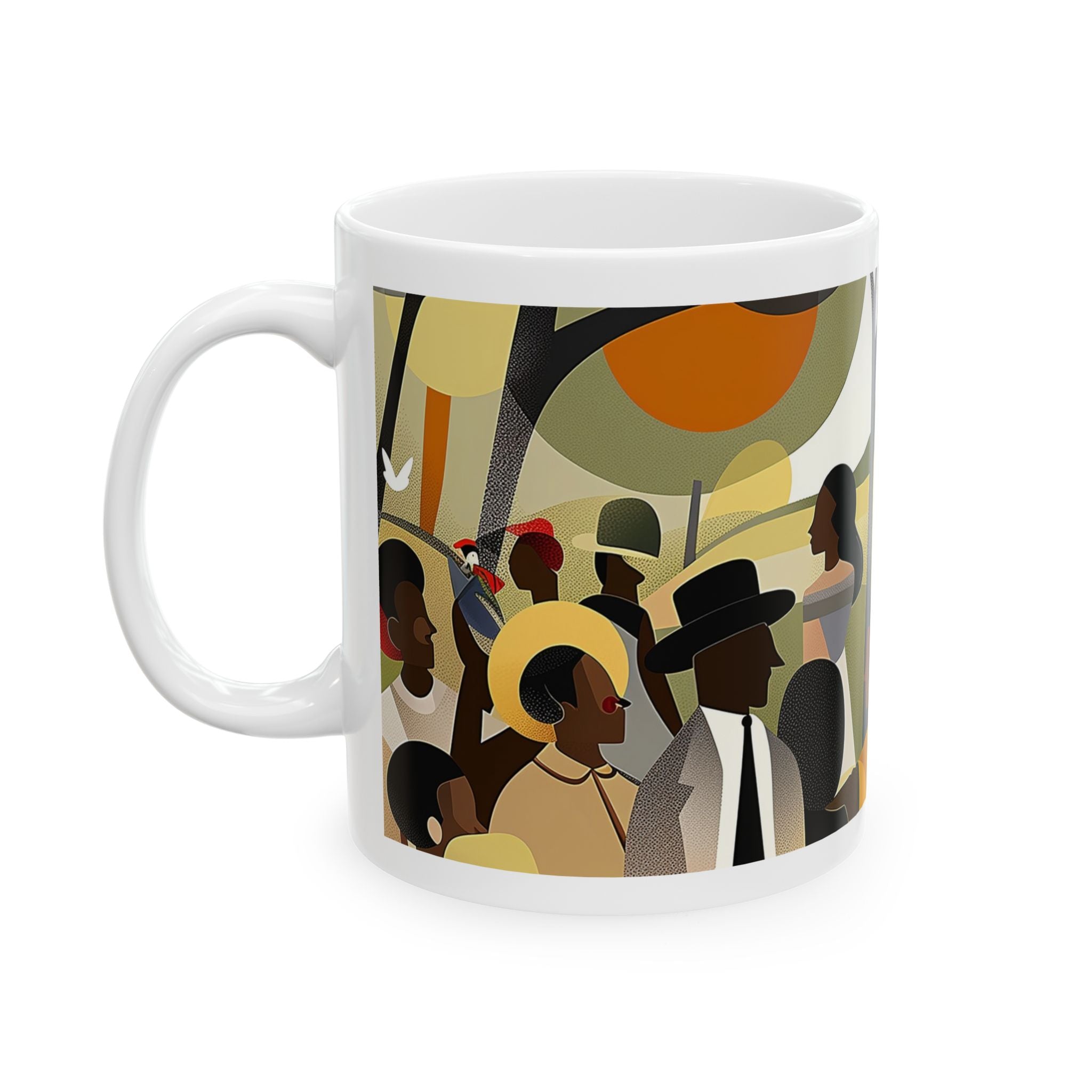 White ceramic mug with a colorful illustration of a group of people in a park. The illustration features people of different ages and skin tones wearing hats and clothing in various colors.