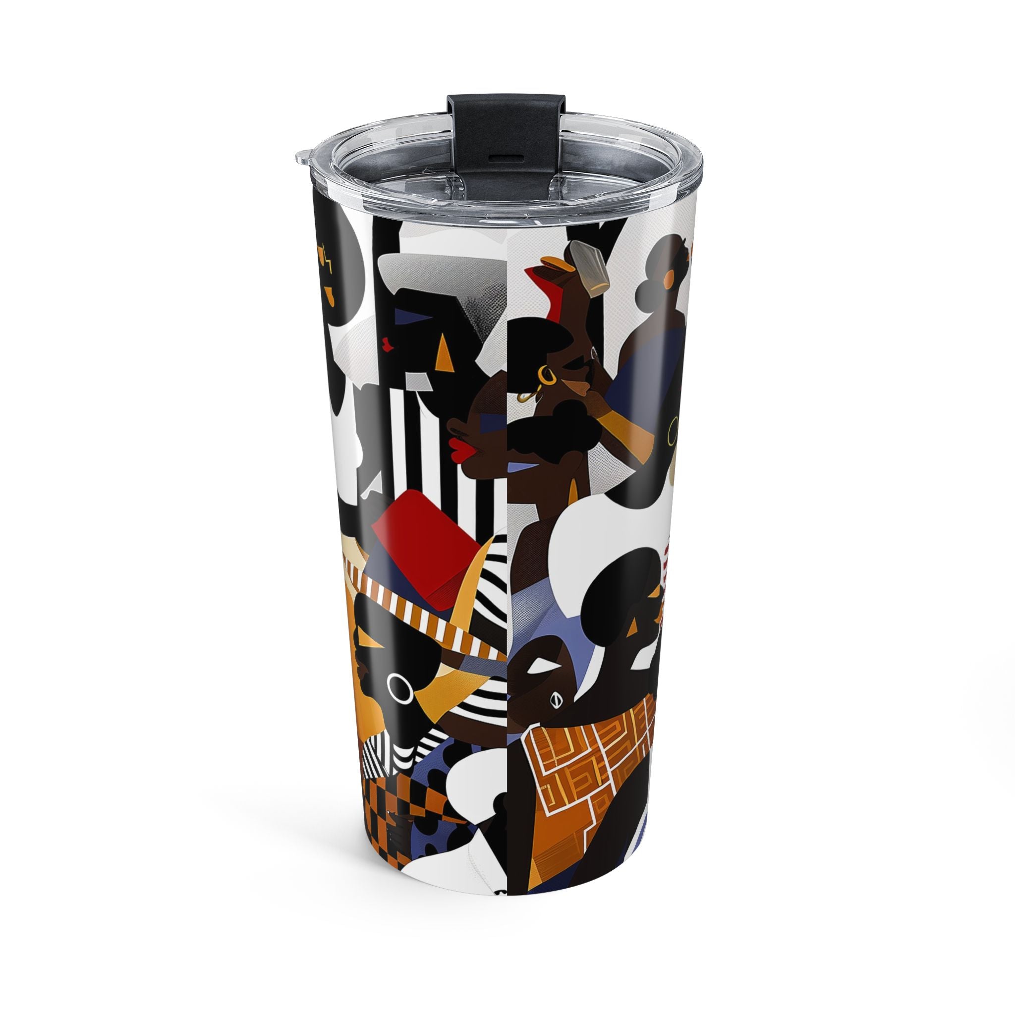 20 oz Juneteenth Family Reunion Celebration tumbler with colorful urban abstract art featuring Black family gathering imagery and clear push-on lid for hot and cold beverages