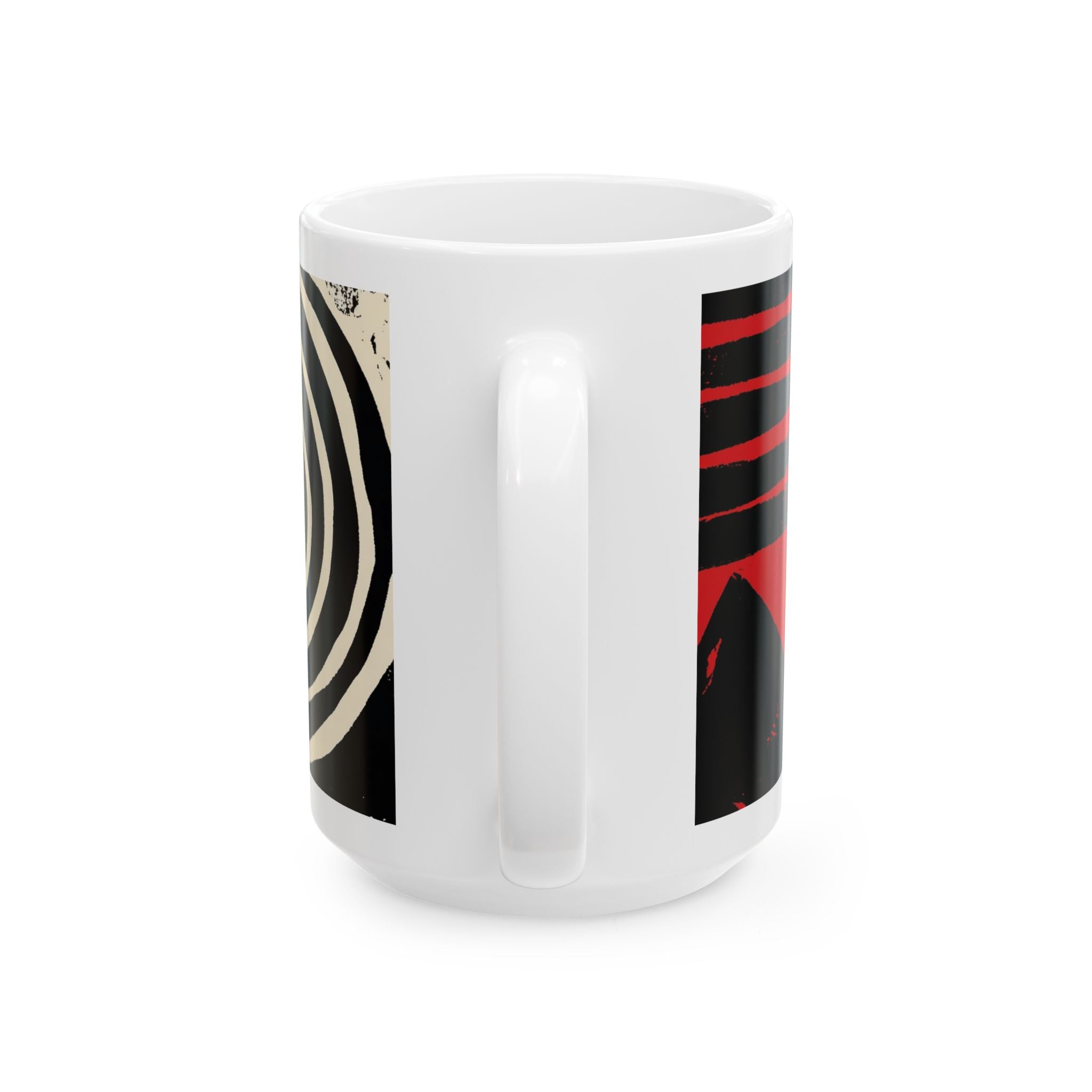 Back view of 15 oz. red, black and cream abstract art coffee mug featuring bold geometric circles, stripes, organic shapes and a Bauhaus-inspired modern design, displayed against a white background.