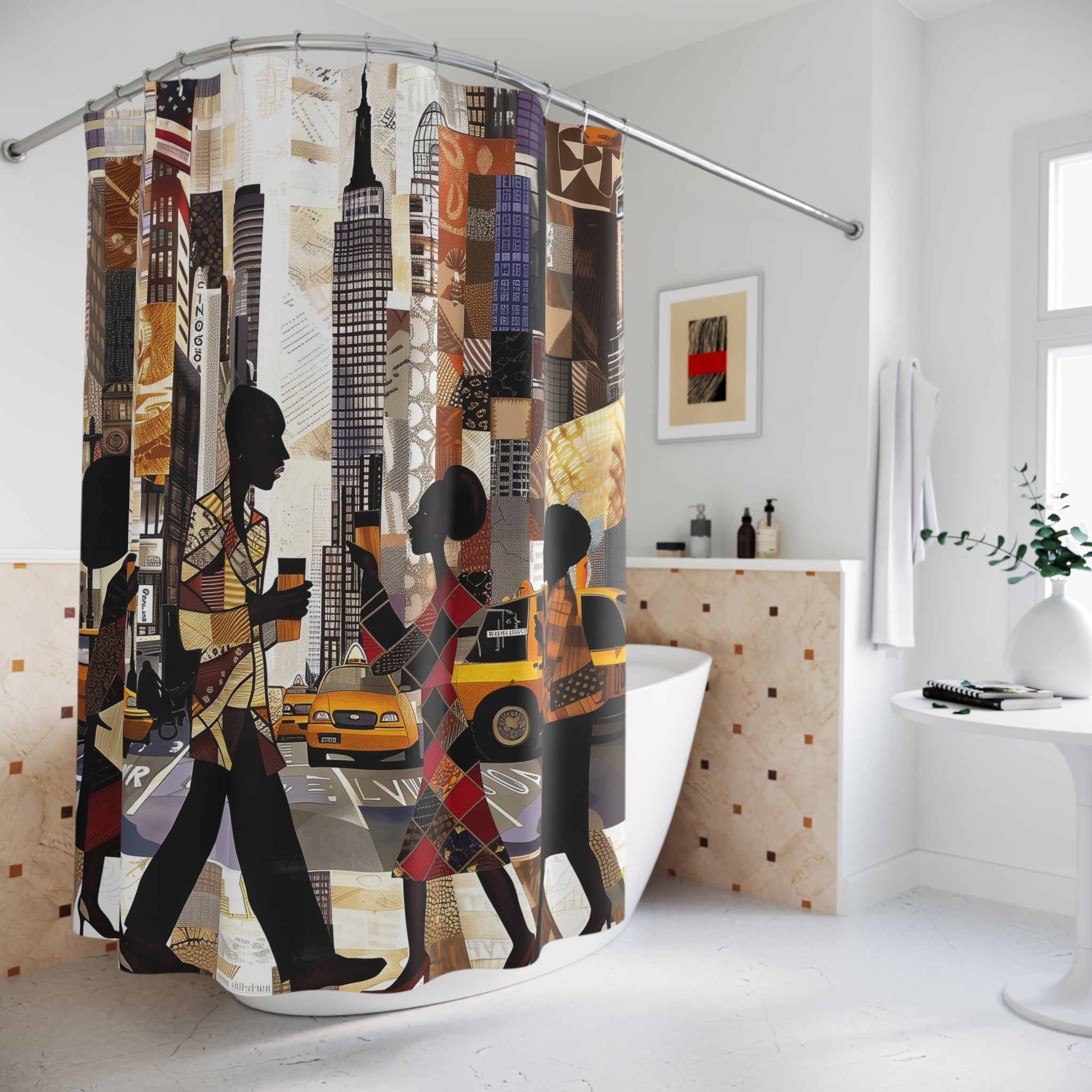 Afrocentric NYC shower curtain featuring Black professionals walking during Manhattan morning rush hour with coffee cups in a modern abstract graffiti  style.