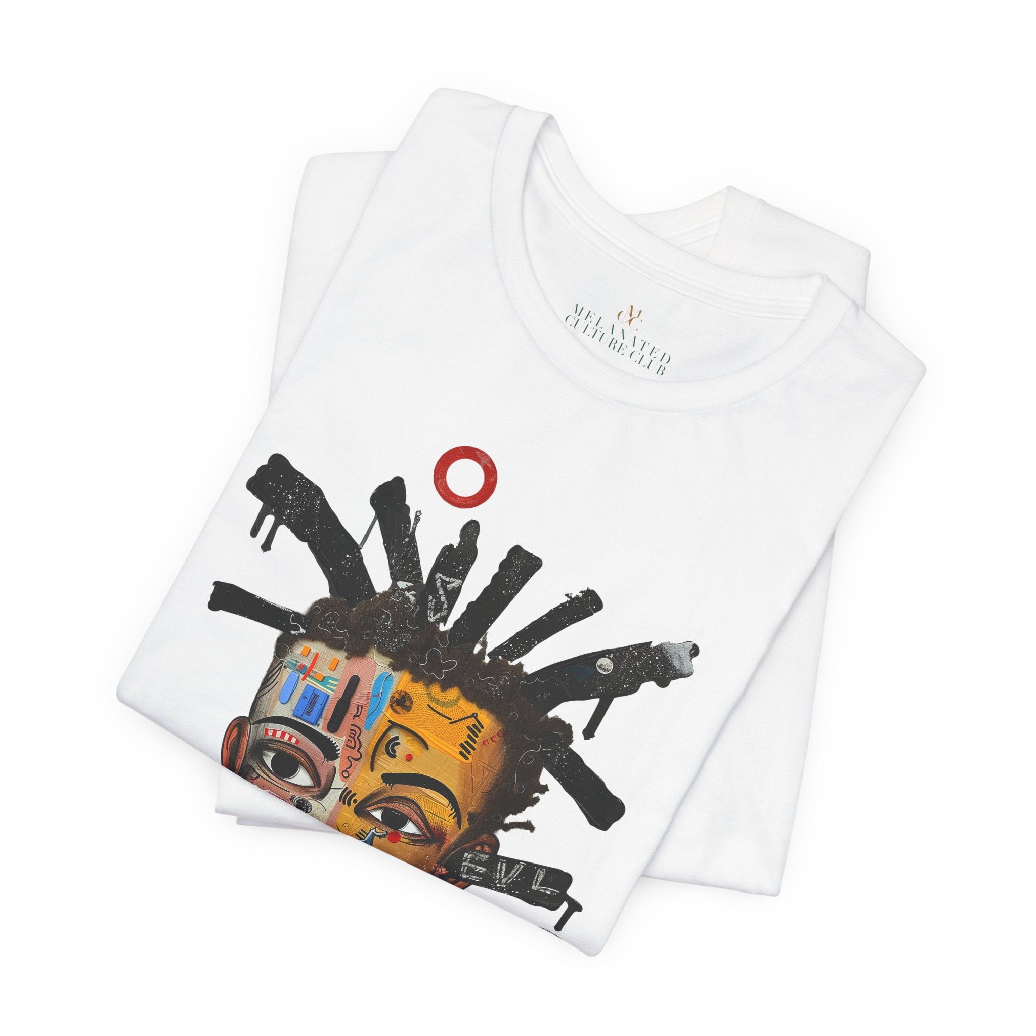 Abstract Afrocentric t-shirt featuring a split-face portrait of a Black man, half human and half robot, with expressive facial features and futuristic mechanical details in an Afrofuturism art style. Series 02