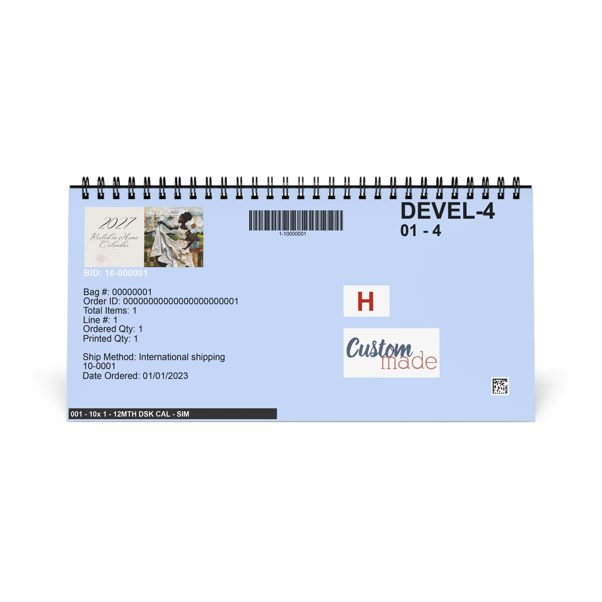 Back production detail of horizontal spiral-bound 2027 Rooted in Home Desktop Calendar.